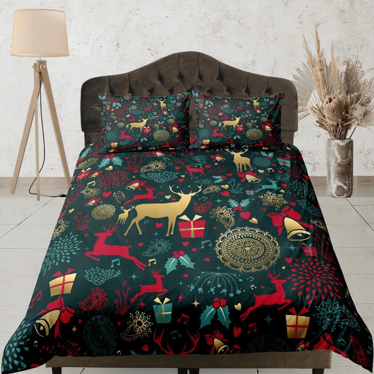 daintyduvet Reindeer luxury green Christmas bedding & pillowcase holiday gift duvet cover king queen full twin toddler bedding baby Christmas farmhouse
