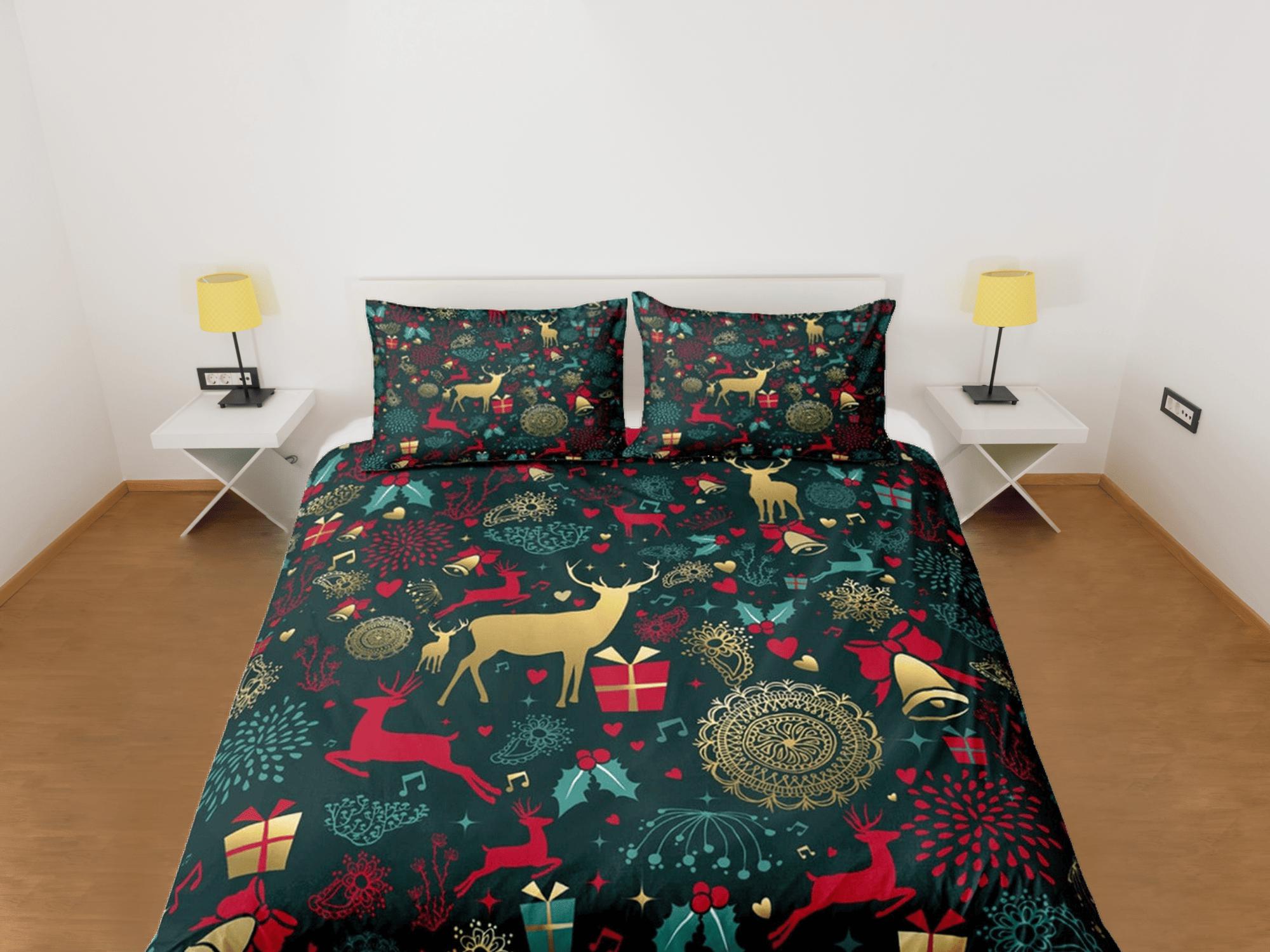 daintyduvet Reindeer luxury green Christmas bedding & pillowcase holiday gift duvet cover king queen full twin toddler bedding baby Christmas farmhouse