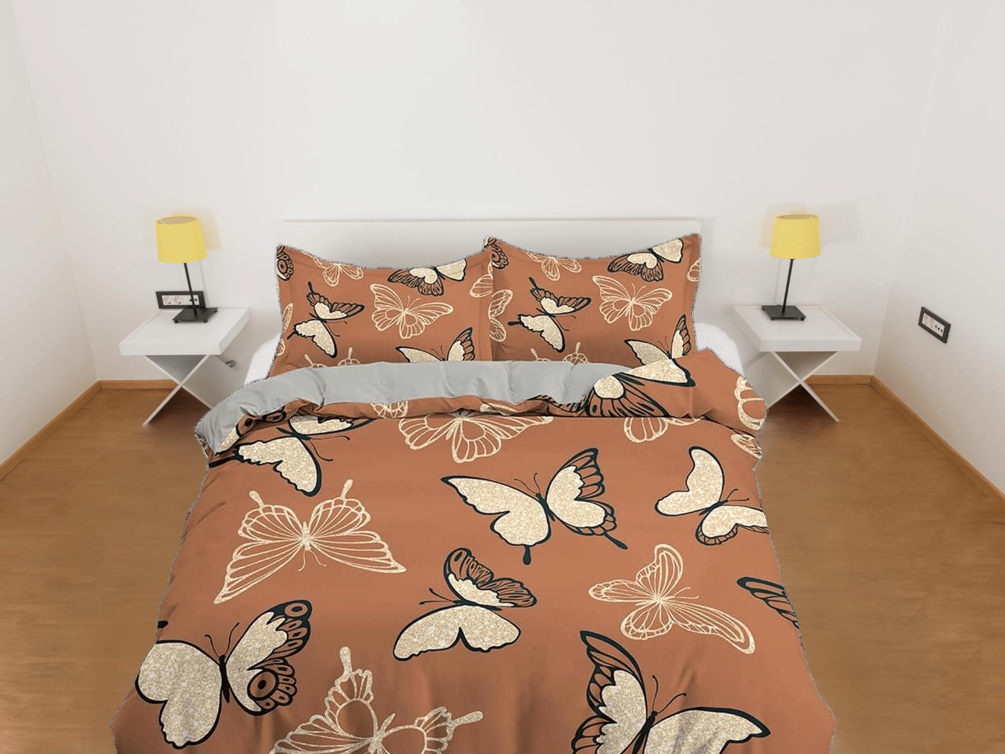 daintyduvet Retro butterfly bedding brown duvet cover colorful dorm bedding, full size adult duvet king queen twin, butterfly nursery toddler bedding