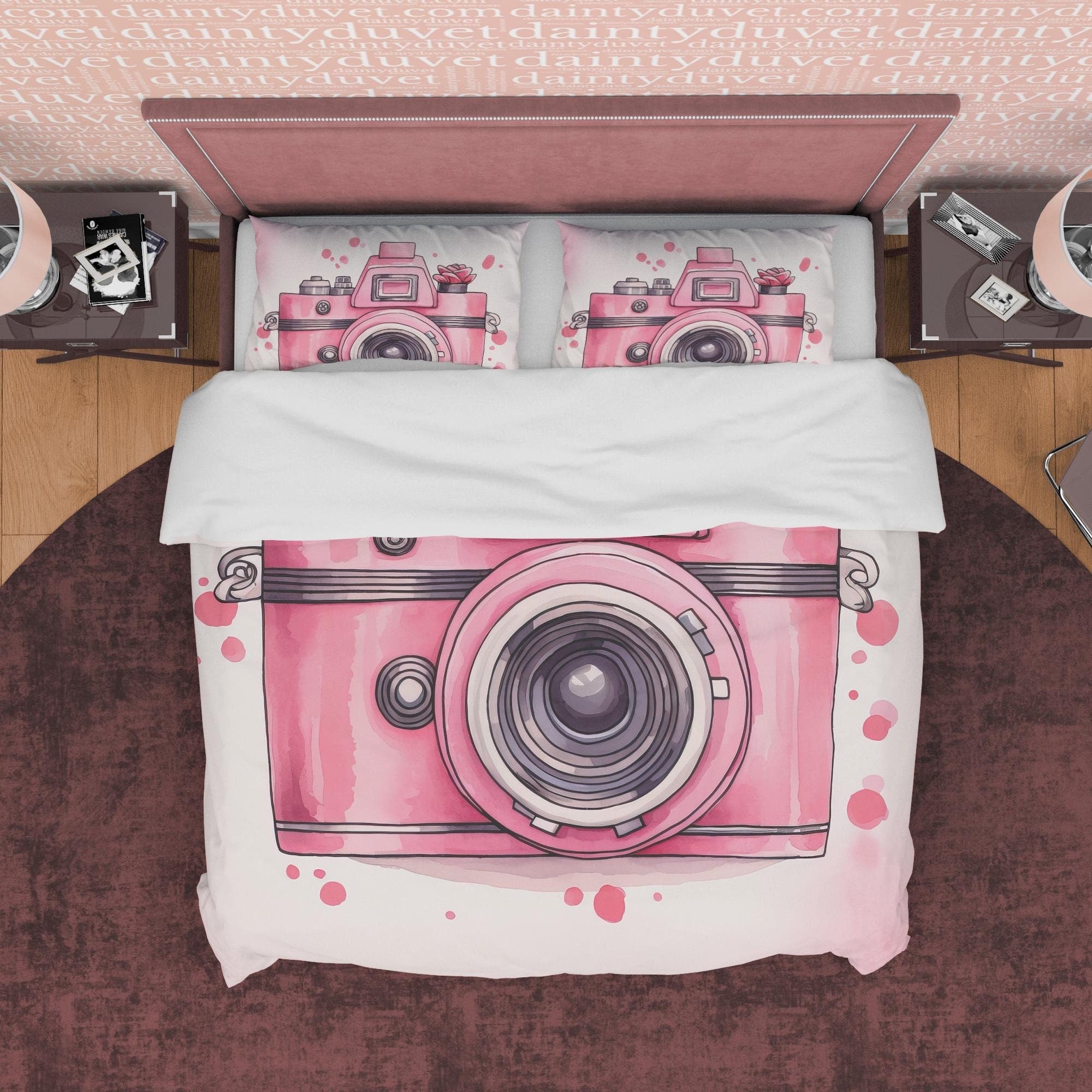 Retro Camera Duvet Cover Set Baby Pink Bedding, Vintage Girly Bedroom Set, Cute Quilt Cover, Photophille Bedspread, Photographer Gift