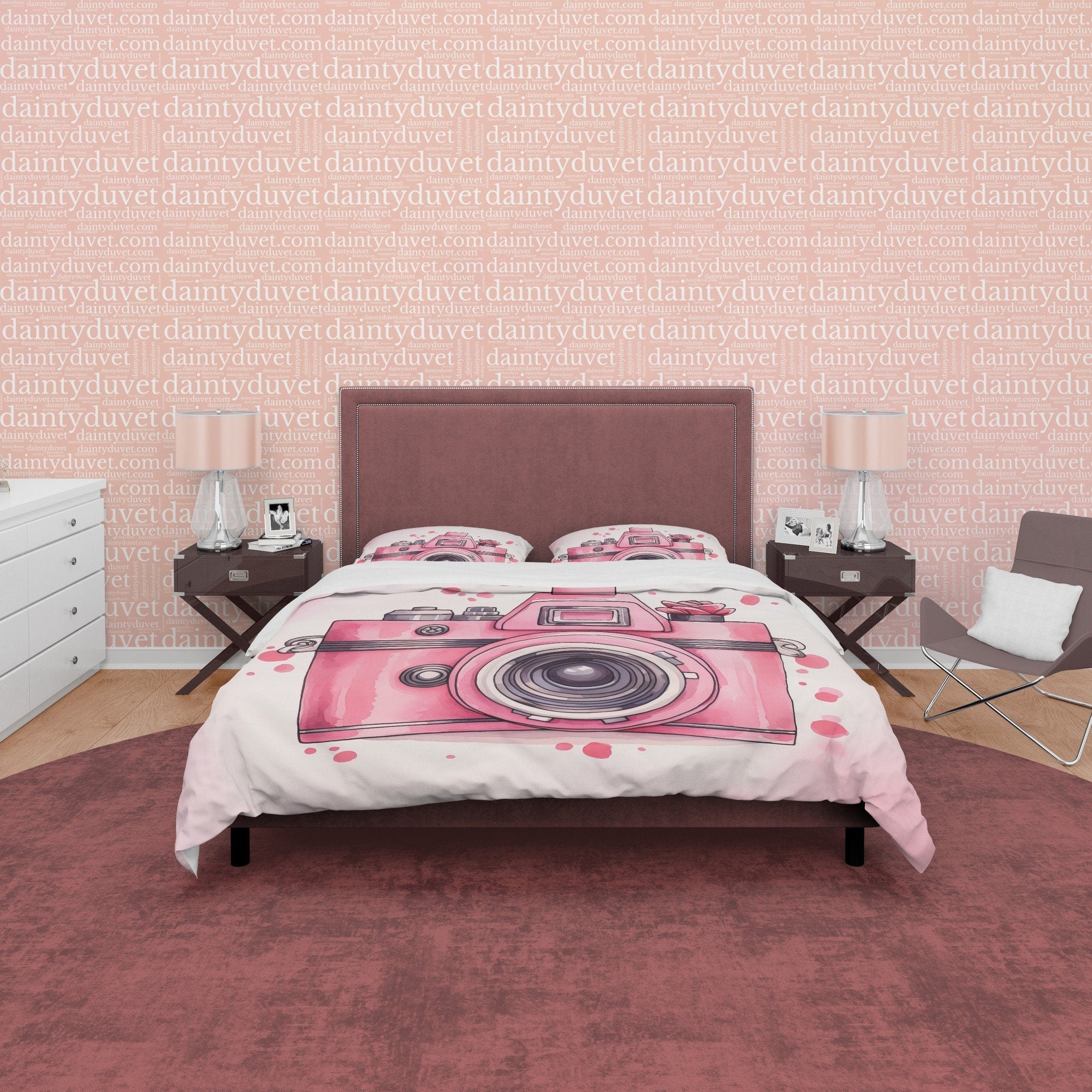 Retro Camera Duvet Cover Set Baby Pink Bedding, Vintage Girly Bedroom Set, Cute Quilt Cover, Photophille Bedspread, Photographer Gift