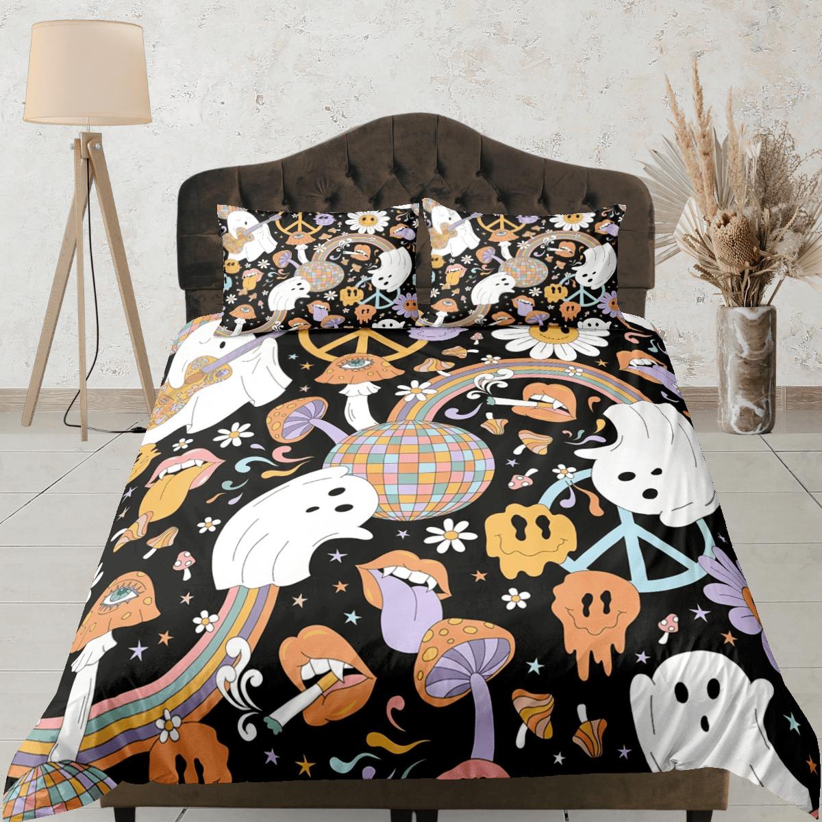 daintyduvet Retro cute ghost and smiley 90s halloween bedding hippie duvet cover set, colorful dorm bedding, teens bedroom, adult duvet, toddler bedding
