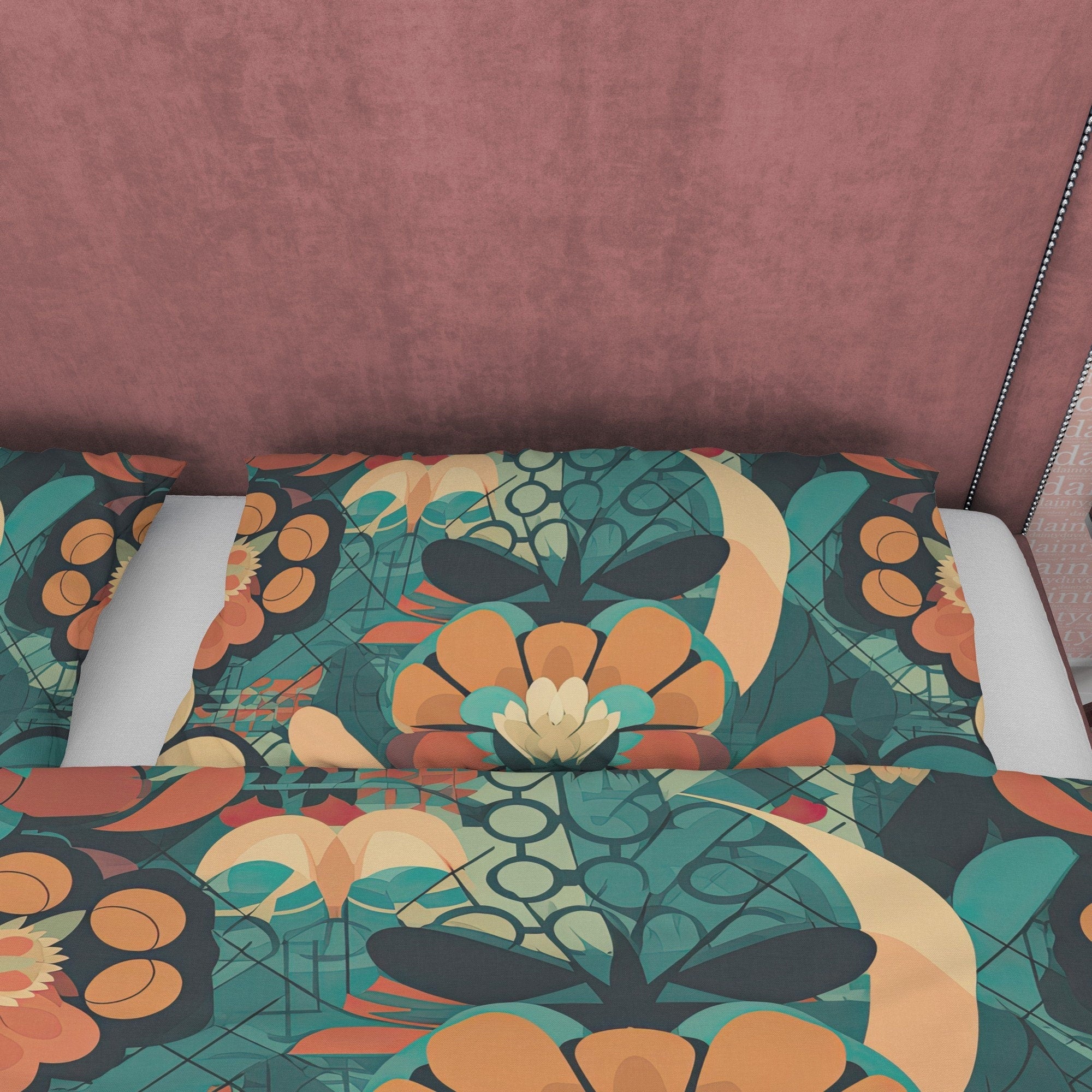 Retro Floral Bedding Set, Vintage Green Queen Duvet Cover, 70s Nostalgia Quilt Cover, Unique Bedspread, Geometric Bed Cover, Zipper Bedding