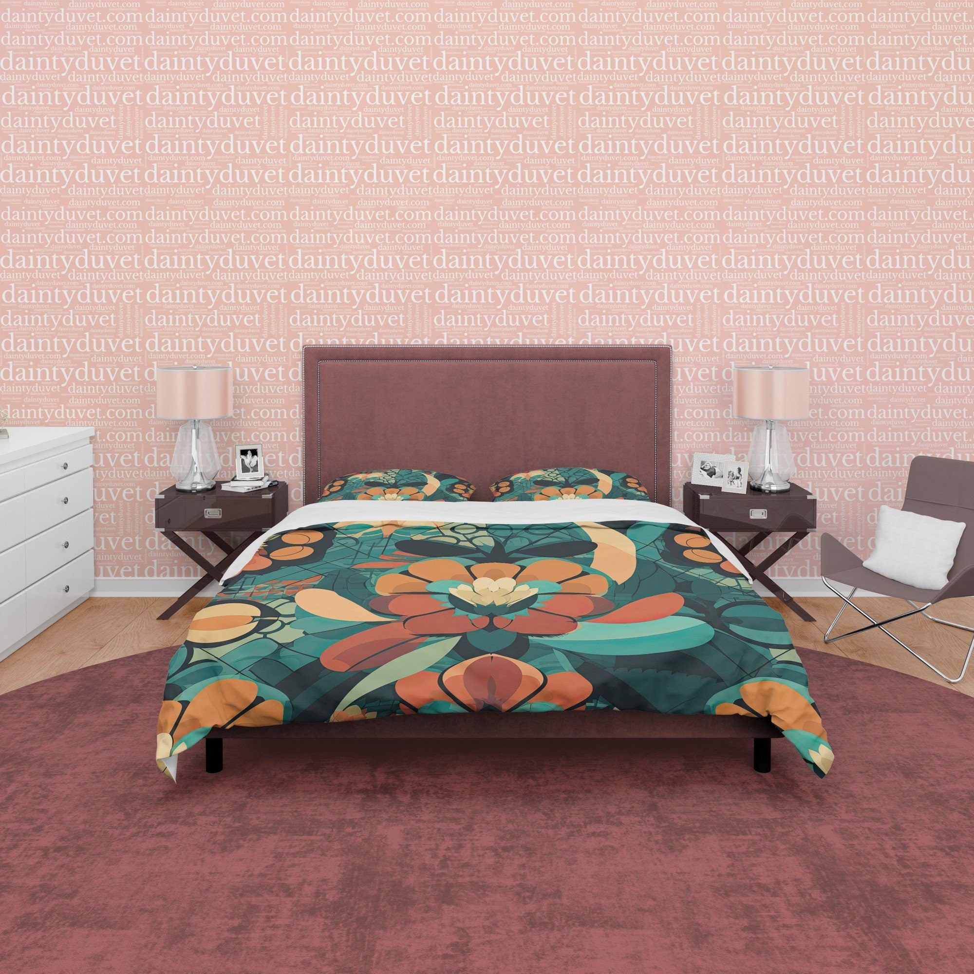 Retro Floral Bedding Set, Vintage Green Queen Duvet Cover, 70s Nostalgia Quilt Cover, Unique Bedspread, Geometric Bed Cover, Zipper Bedding