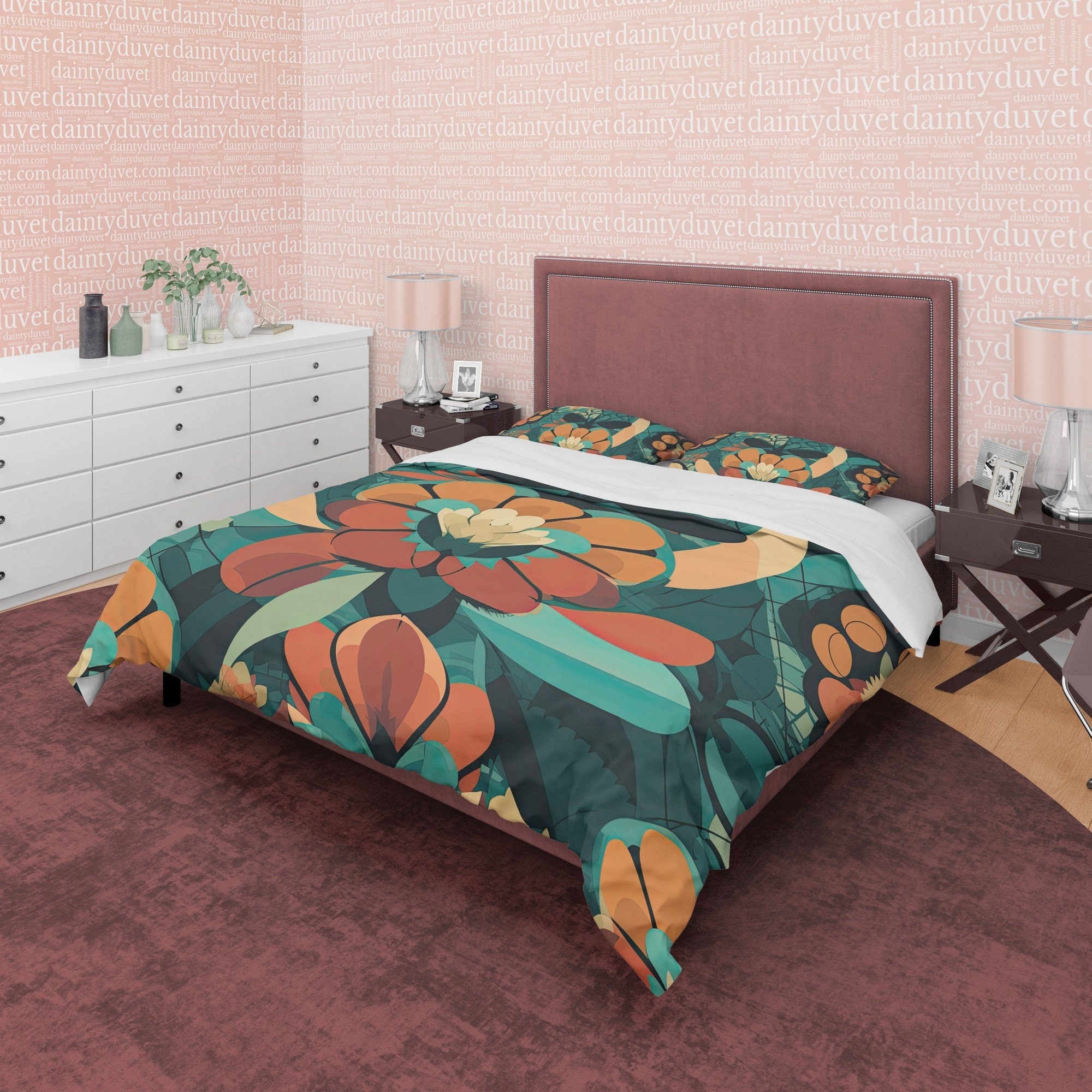 Retro Floral Bedding Set, Vintage Green Queen Duvet Cover, 70s Nostalgia Quilt Cover, Unique Bedspread, Geometric Bed Cover, Zipper Bedding