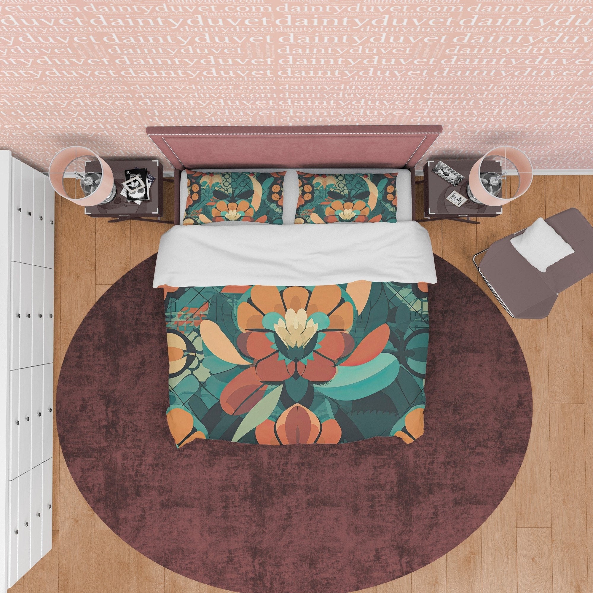 Retro Floral Bedding Set, Vintage Green Queen Duvet Cover, 70s Nostalgia Quilt Cover, Unique Bedspread, Geometric Bed Cover, Zipper Bedding