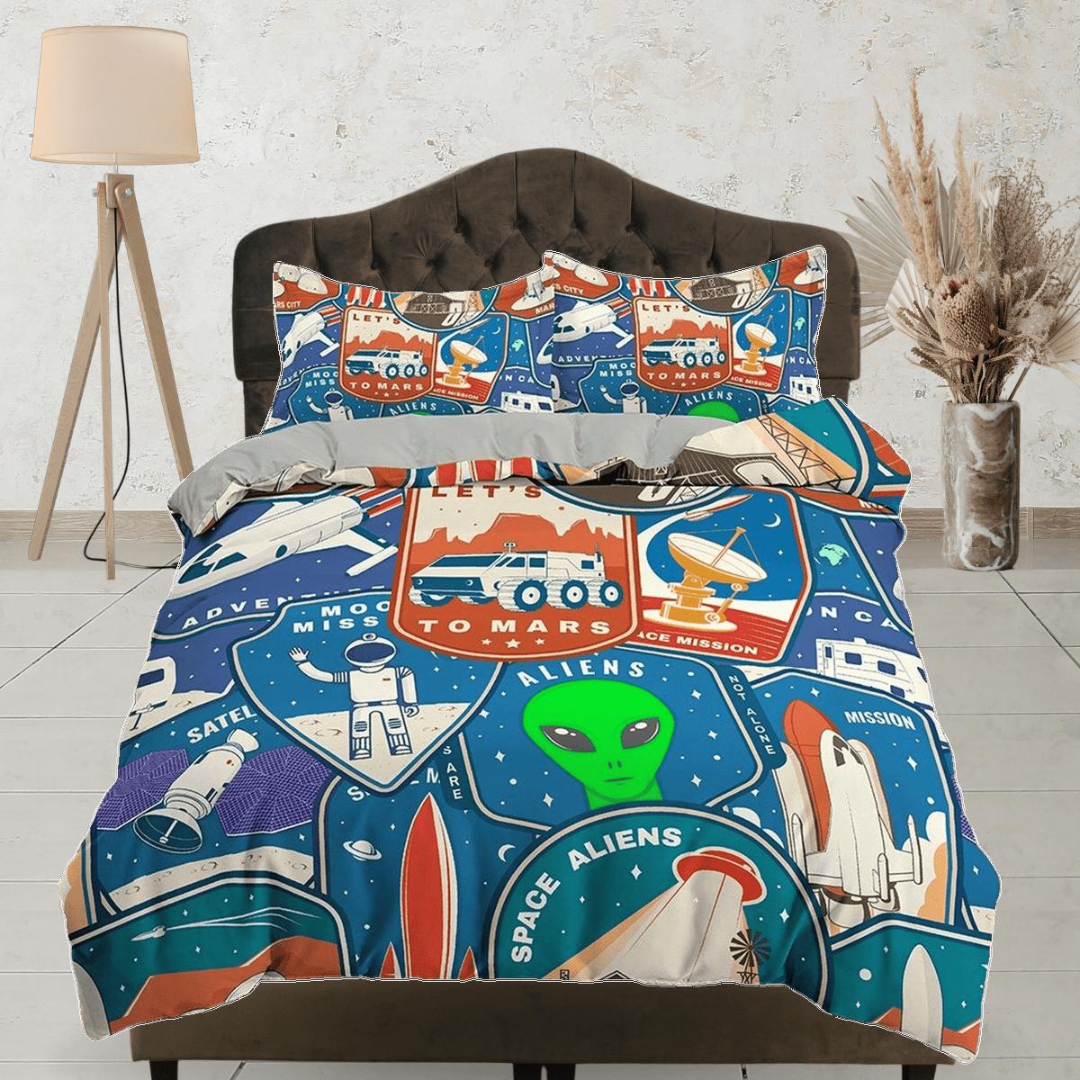 daintyduvet Retro galaxy theme with alien, ufo and astronaut toddler bedding, duvet cover kids, crib bedding, baby zipper bedding, king queen full twin