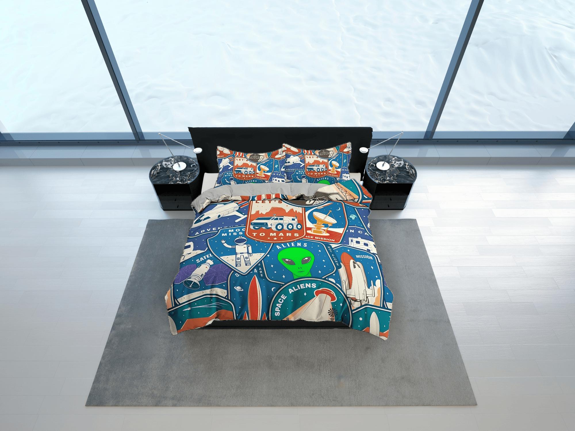 daintyduvet Retro galaxy theme with alien, ufo and astronaut toddler bedding, duvet cover kids, crib bedding, baby zipper bedding, king queen full twin