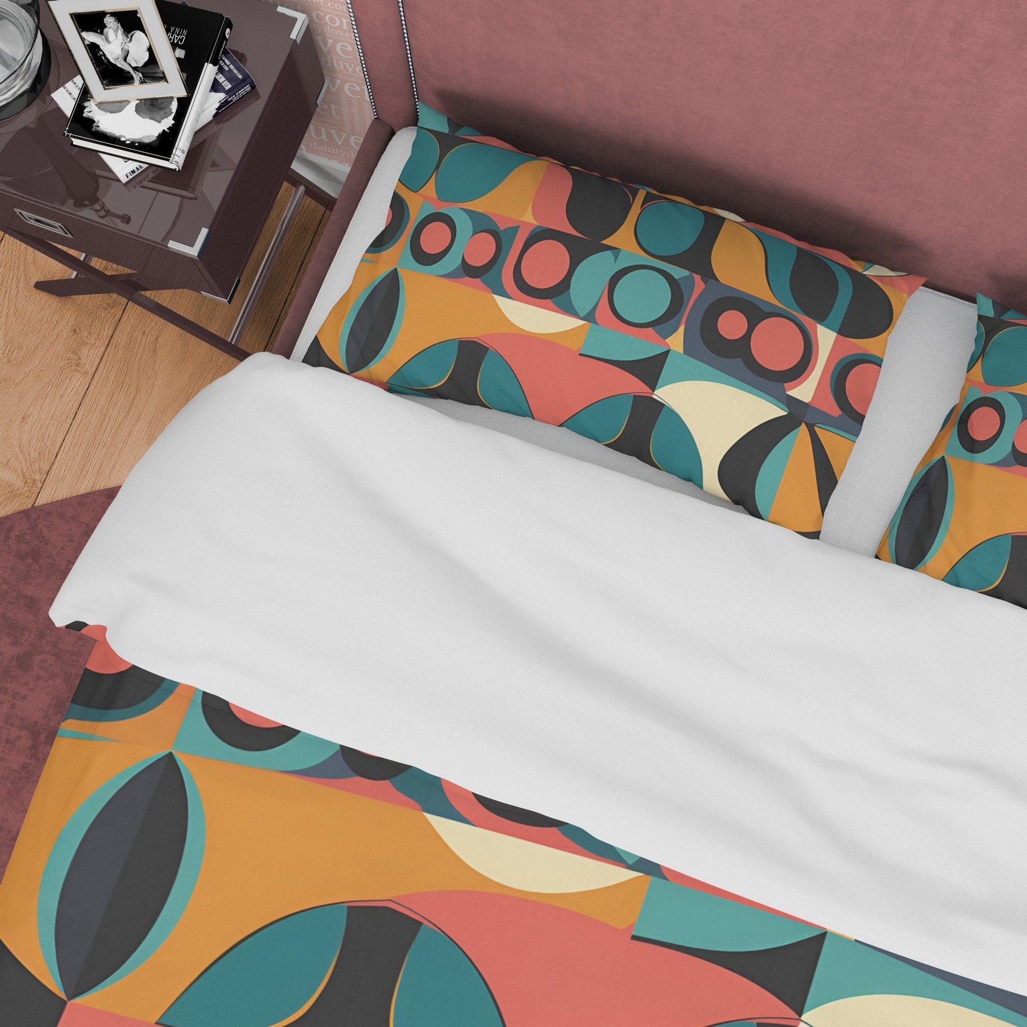 Retro Geometric Bedding Set, Green Orange Duvet Cover, Vintage Quilt Cover, 70's Nostalgia Bedspread, Unique Bed Cover, Zipper Bedding