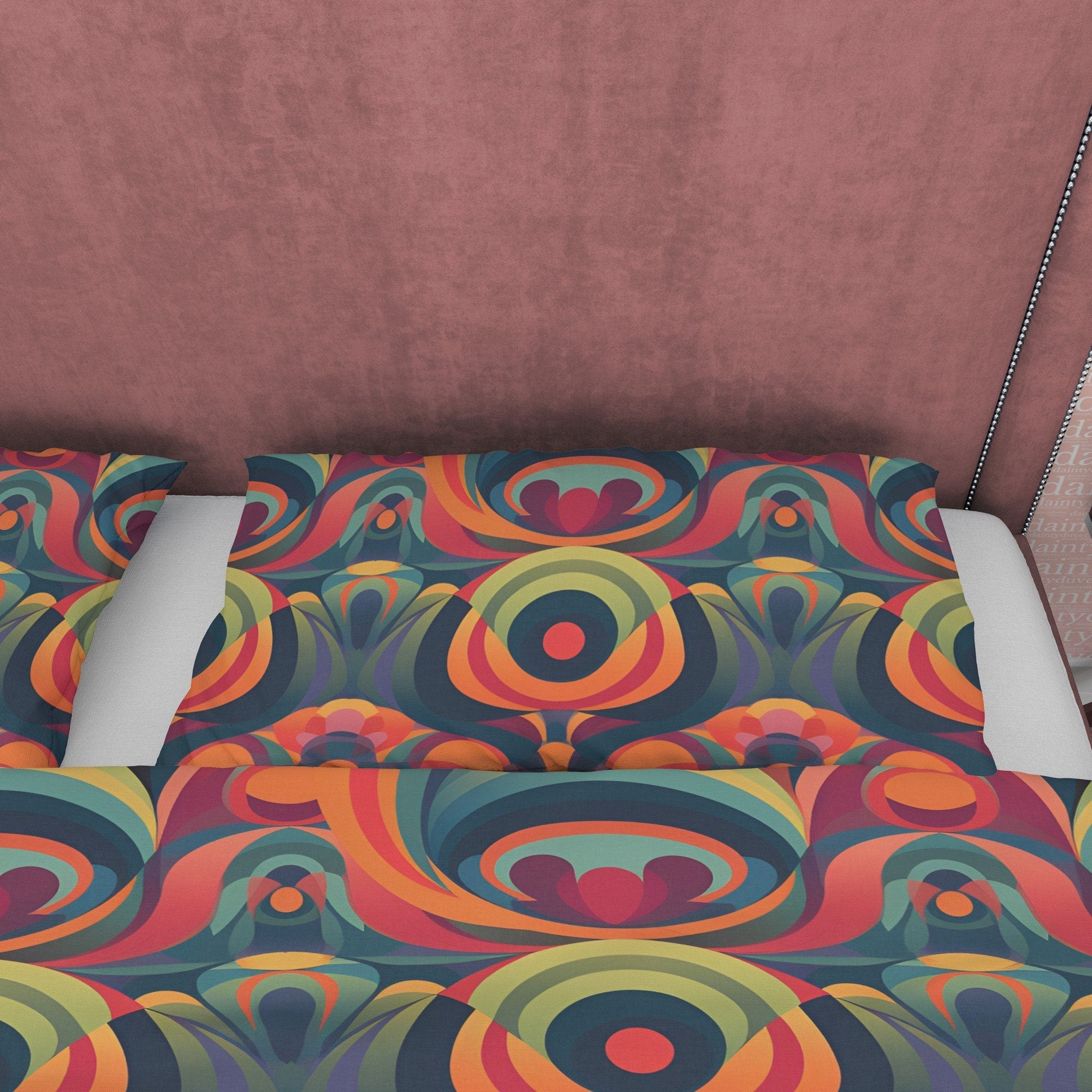 Retro Orange Geometric Duvet Cover, Vintage 70's Pattern Quilt Cover, Burning Pattern Bedspread, Unique Flame Bed Cover, Zipper Bedding