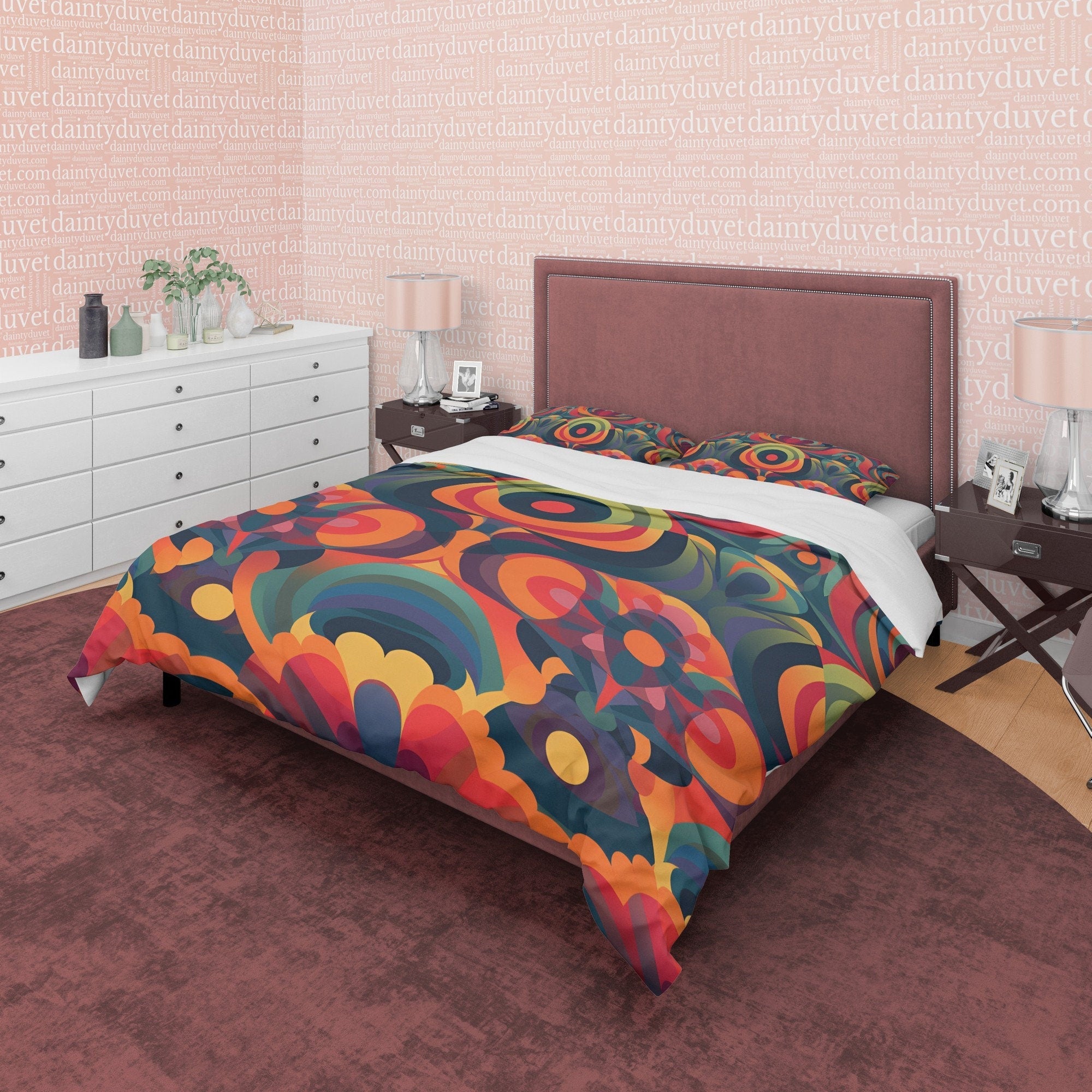 Retro Orange Geometric Duvet Cover, Vintage 70's Pattern Quilt Cover, Burning Pattern Bedspread, Unique Flame Bed Cover, Zipper Bedding