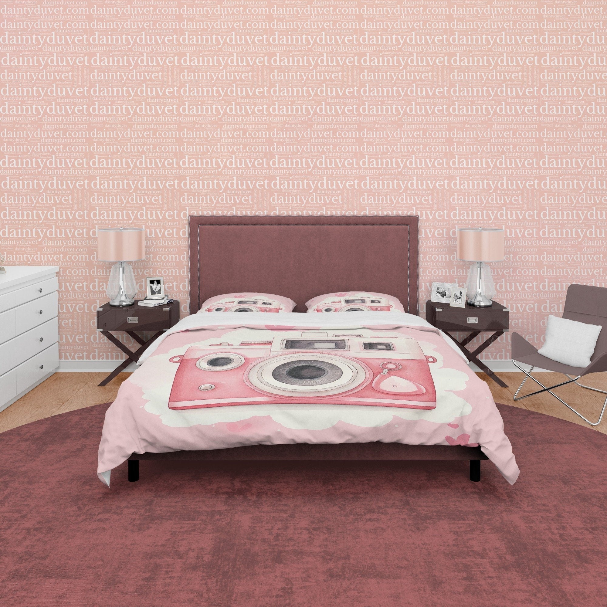 Retro Pink Camera Girls Bedroom Duvet Cover, Photography Lover Bedroom Quilt, Girly Vintage Camera Pink Bedspread, Girl Photographer Gift