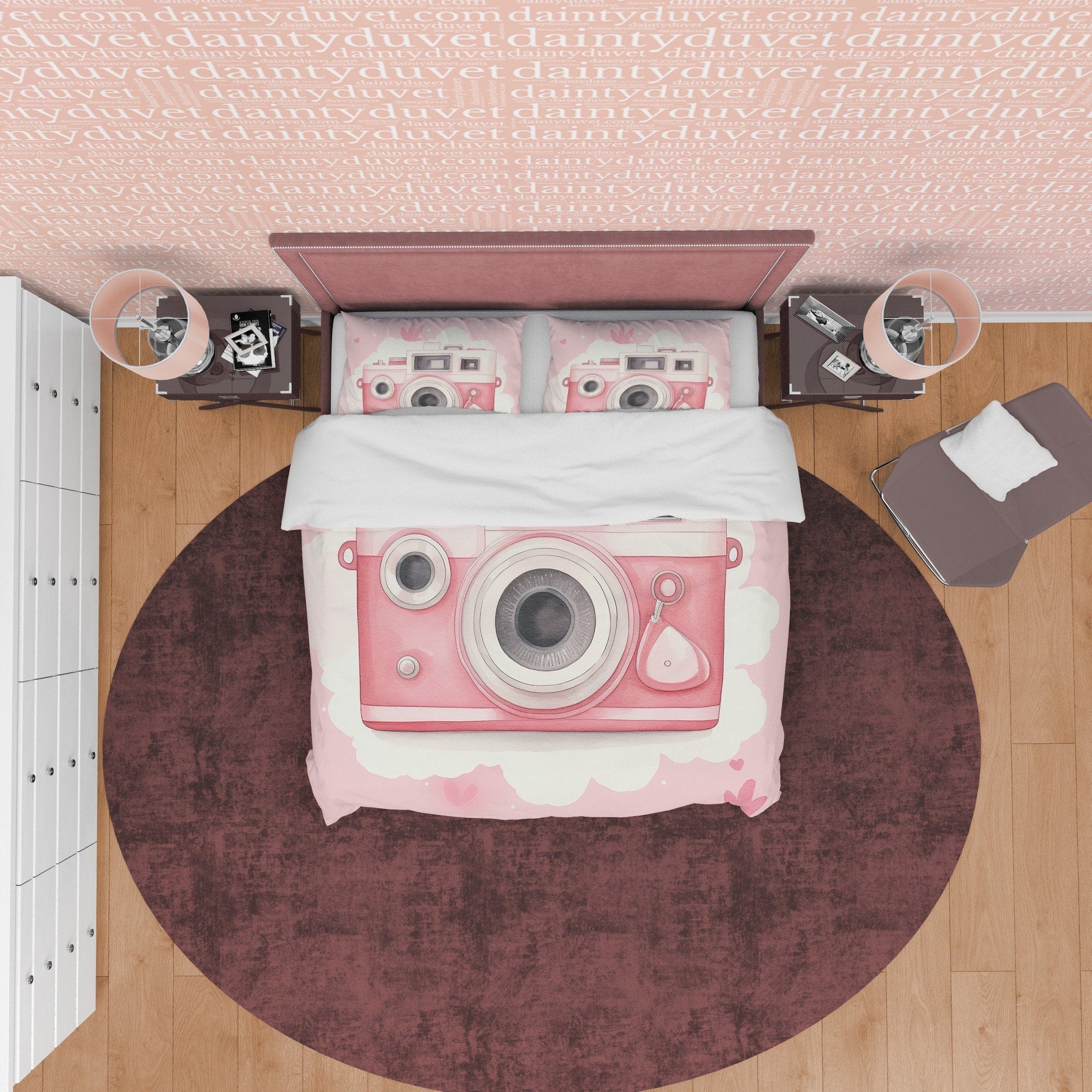 Retro Pink Camera Girls Bedroom Duvet Cover, Photography Lover Bedroom Quilt, Girly Vintage Camera Pink Bedspread, Girl Photographer Gift