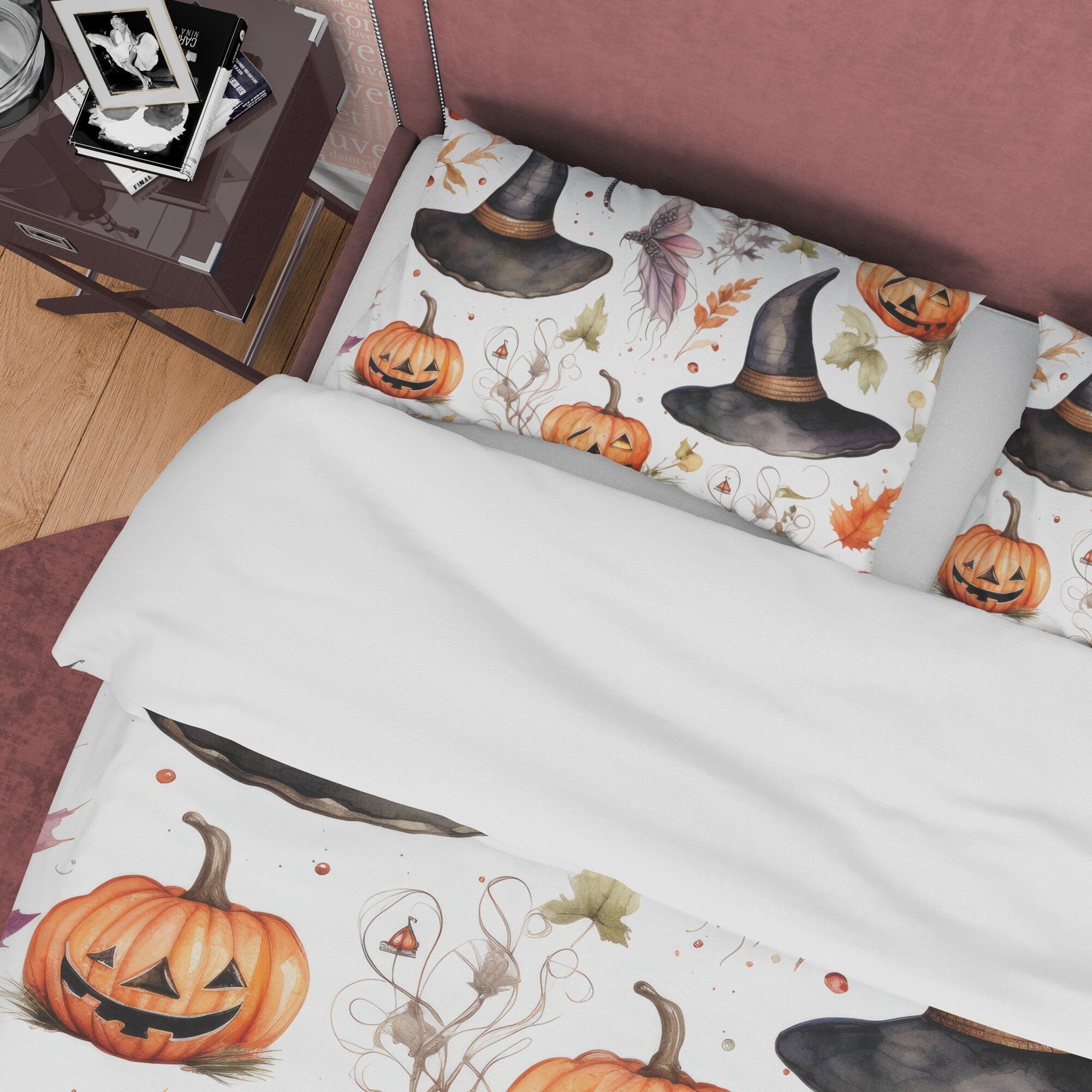 Retro Pumpkin White Duvet Cover Set, Spooky Bedding, Halloween Quilt Cover Autumn Room Decor, Farmhouse Bed Cover, Toddler Bedspread