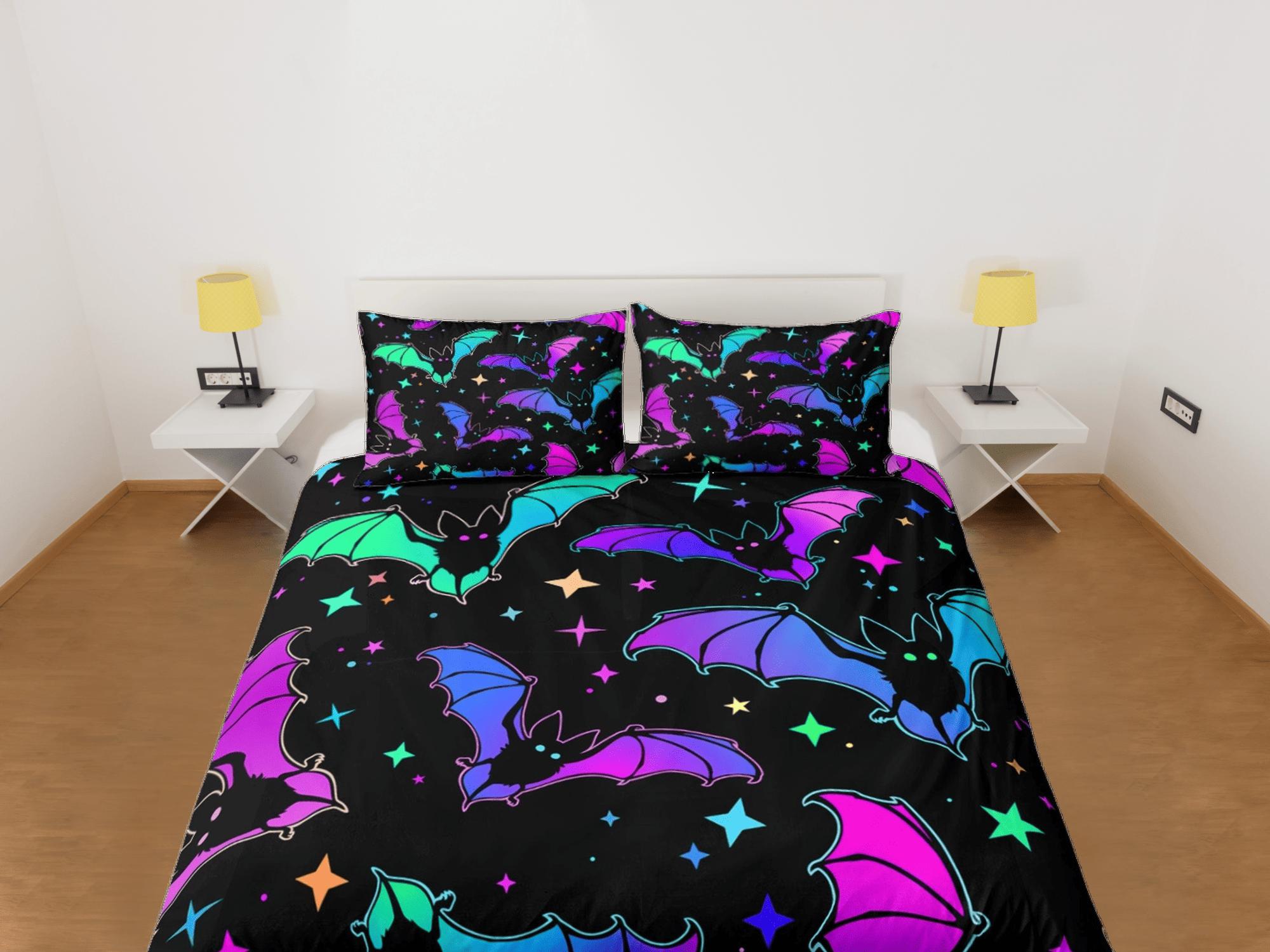 daintyduvet Retro stars and bats 90s neon halloween bedding hippie duvet cover, colorful dorm bedding, teens bedroom, adult duvet, toddler bedding