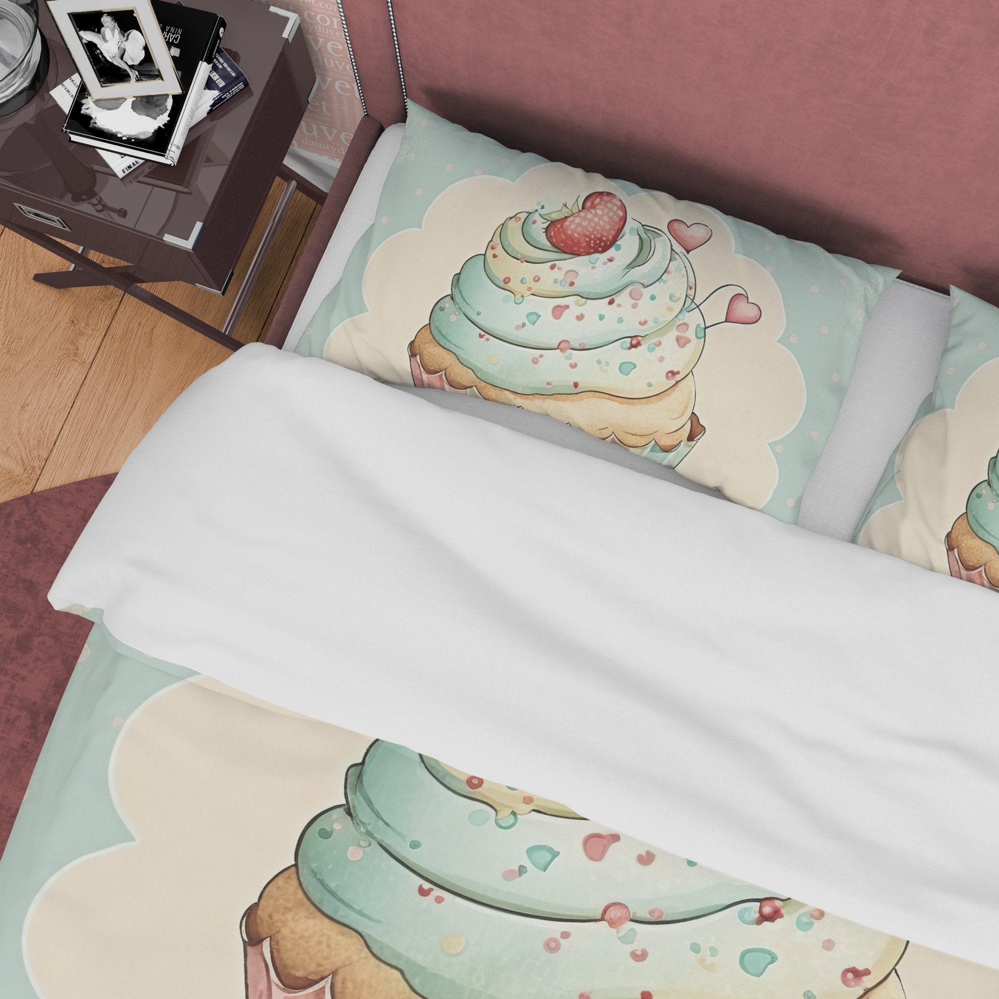Retro Strawberry Cupcake Duvet Cover Boho Bedroom, Girly Bedding Cute Quilt Cover, Baby Girl Birthday Gift, Pastel Color Bed Cover