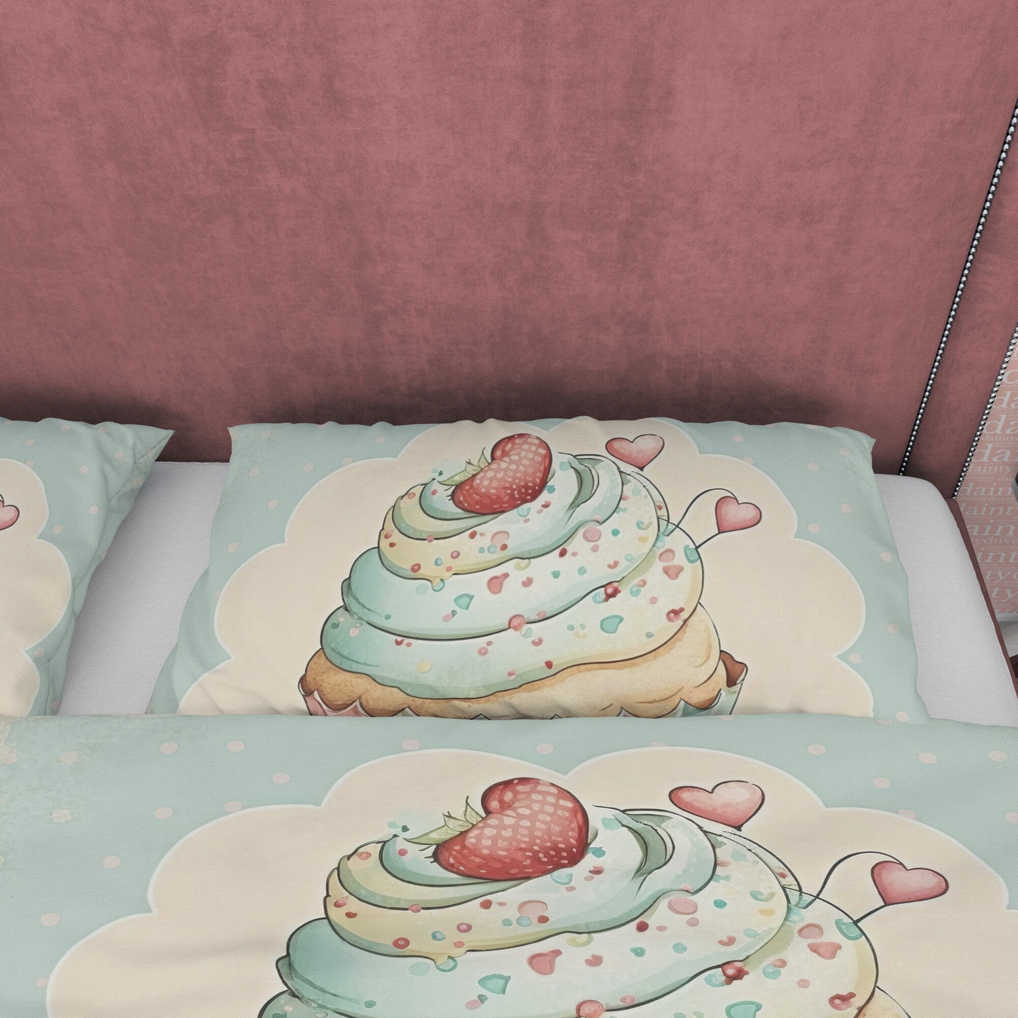 Retro Strawberry Cupcake Duvet Cover Boho Bedroom, Girly Bedding Cute Quilt Cover, Baby Girl Birthday Gift, Pastel Color Bed Cover