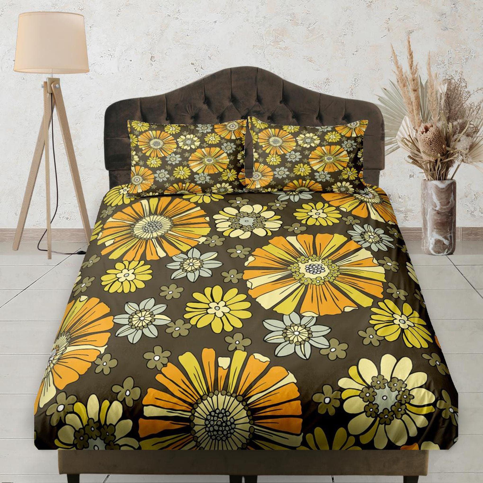 daintyduvet Retro Vibe Mid Century Modern Fitted Sheet Deep Pocket, Floral Prints, Aesthetic Boho Bedding Set Full, Elastic Bedsheet, Dorm Bedding