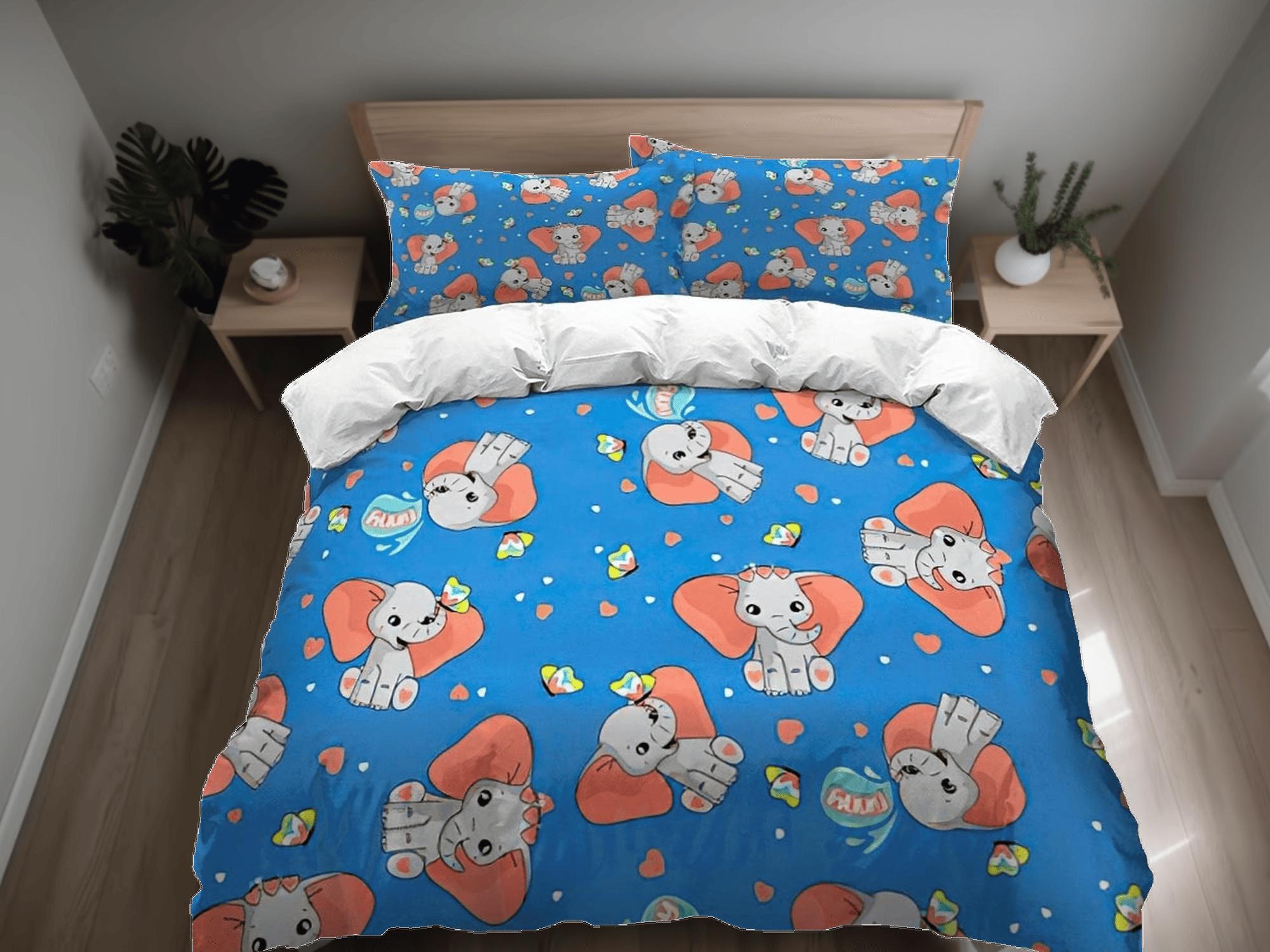 daintyduvet Royal blue happy elephant bedding cute duvet cover set, kids bedding full, nursery bed decor, elephant baby shower, toddler bedding