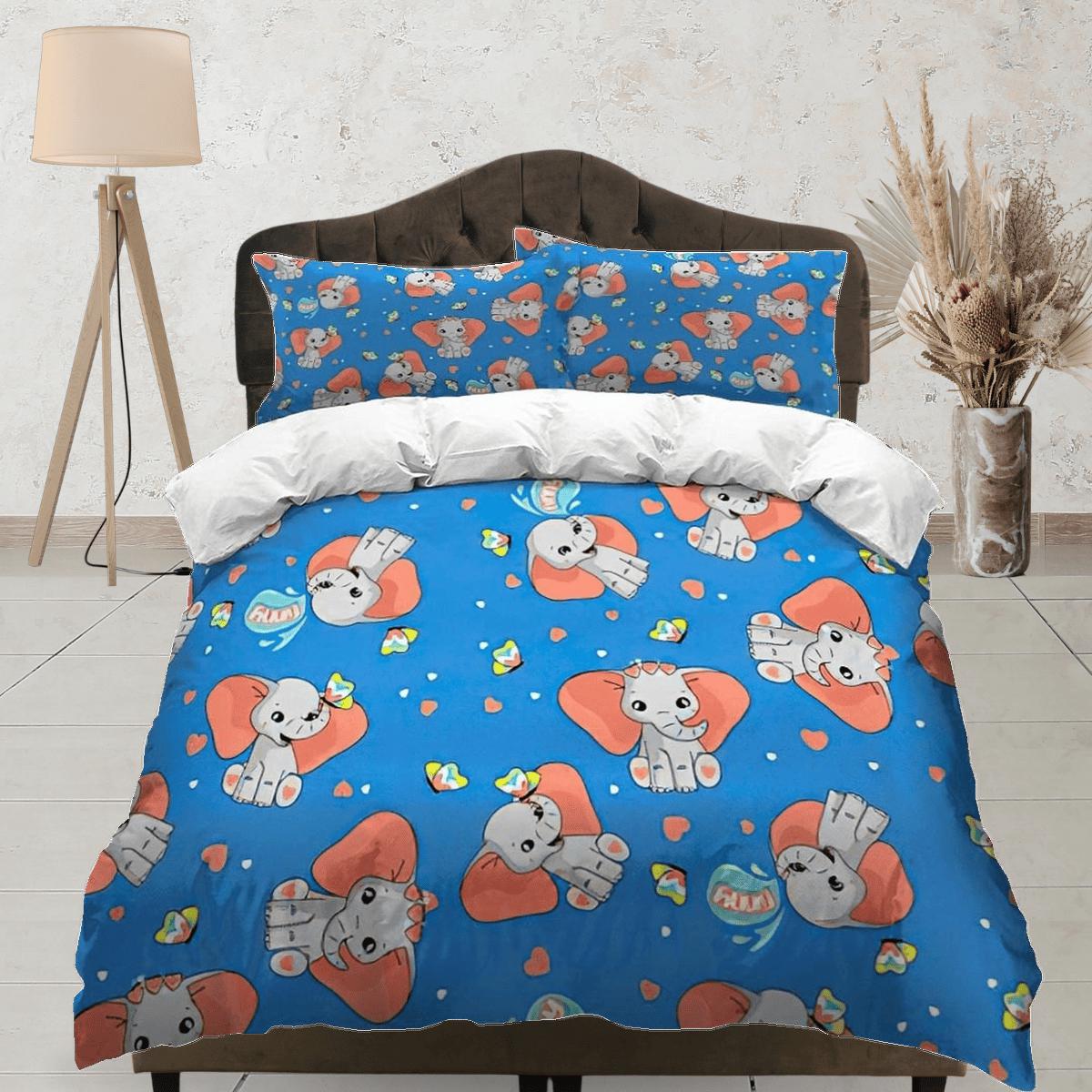 daintyduvet Royal blue happy elephant bedding cute duvet cover set, kids bedding full, nursery bed decor, elephant baby shower, toddler bedding