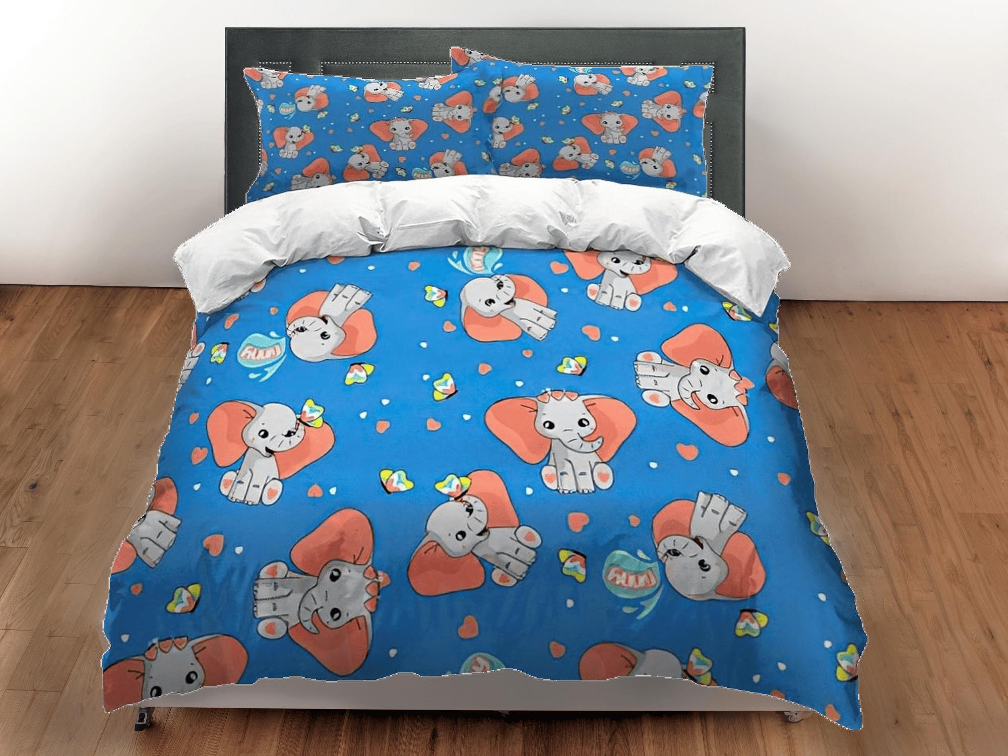 daintyduvet Royal blue happy elephant bedding cute duvet cover set, kids bedding full, nursery bed decor, elephant baby shower, toddler bedding