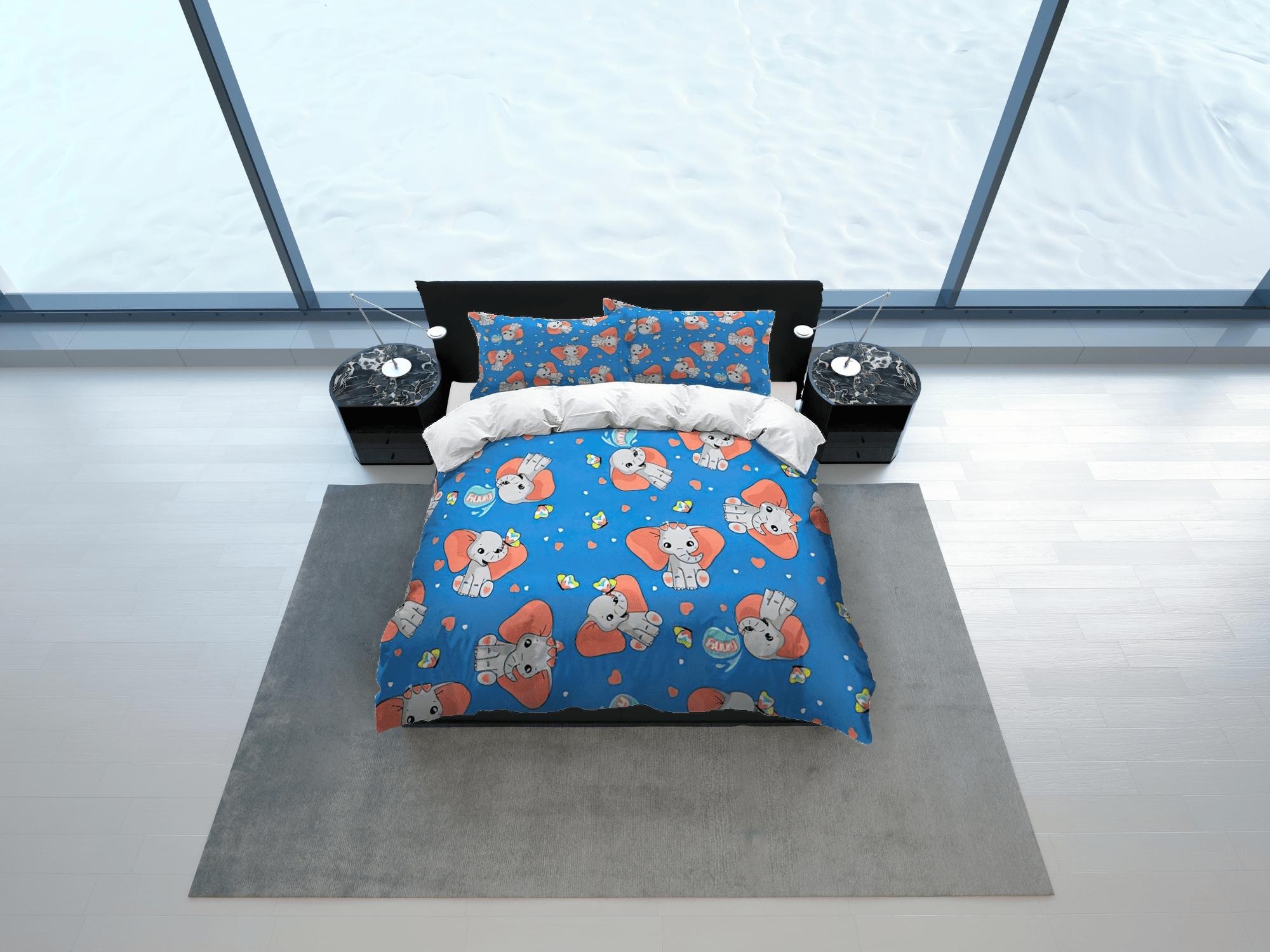 daintyduvet Royal blue happy elephant bedding cute duvet cover set, kids bedding full, nursery bed decor, elephant baby shower, toddler bedding