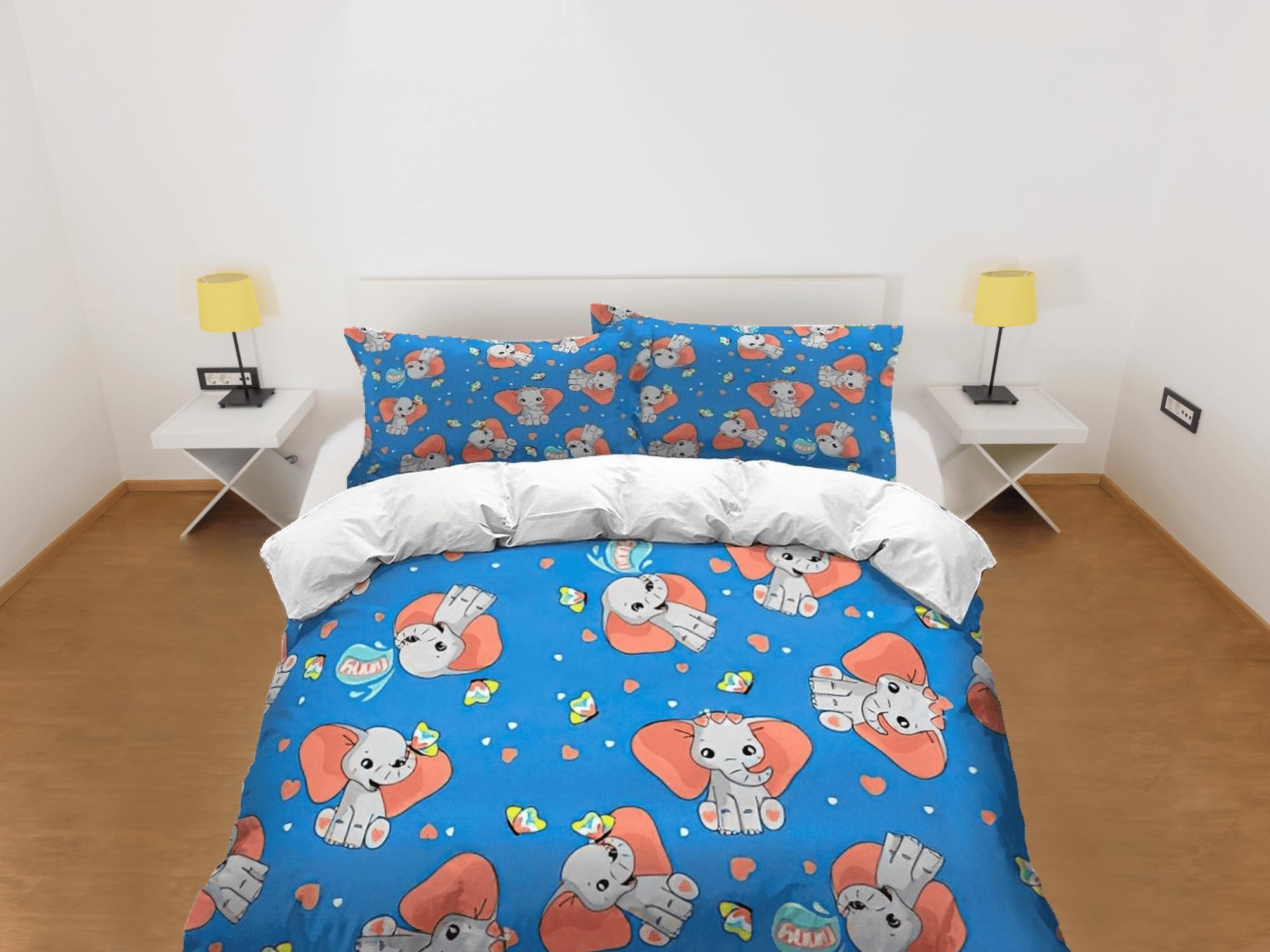 daintyduvet Royal blue happy elephant bedding cute duvet cover set, kids bedding full, nursery bed decor, elephant baby shower, toddler bedding