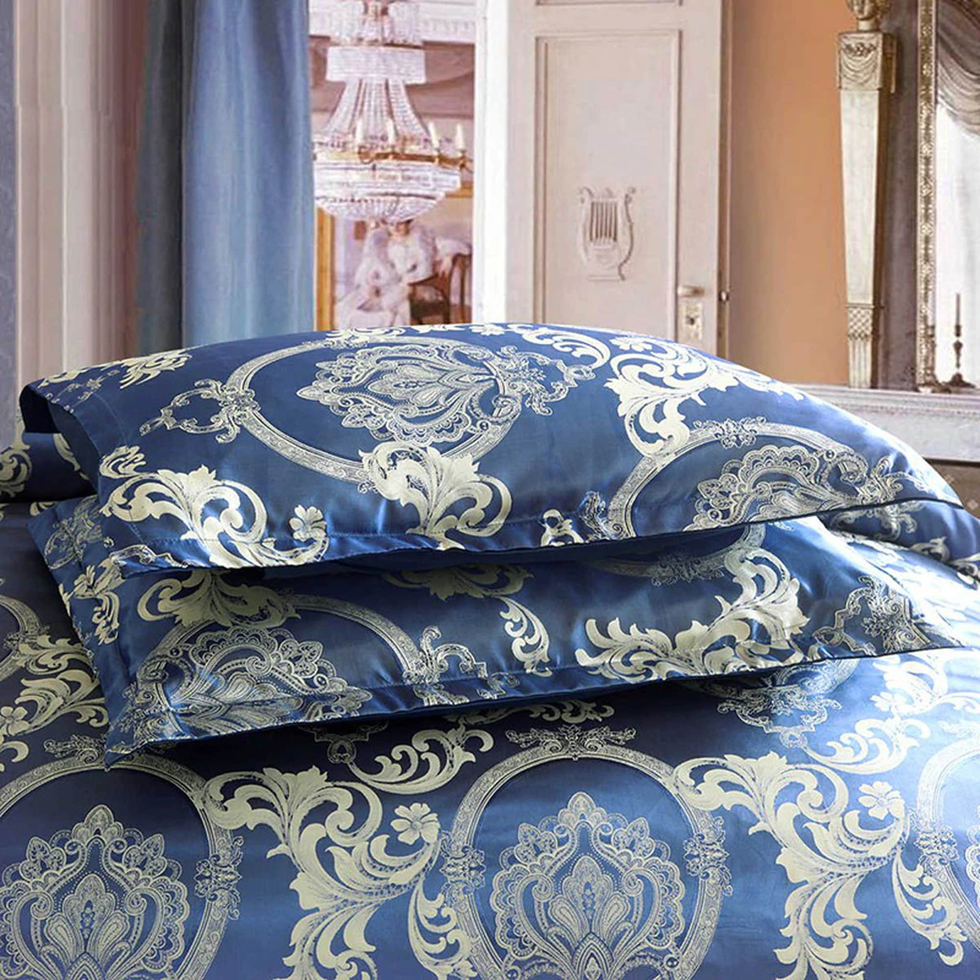 Sapphire Blue Luxury Bedding made with Silky Jacquard Fabric, Embroide