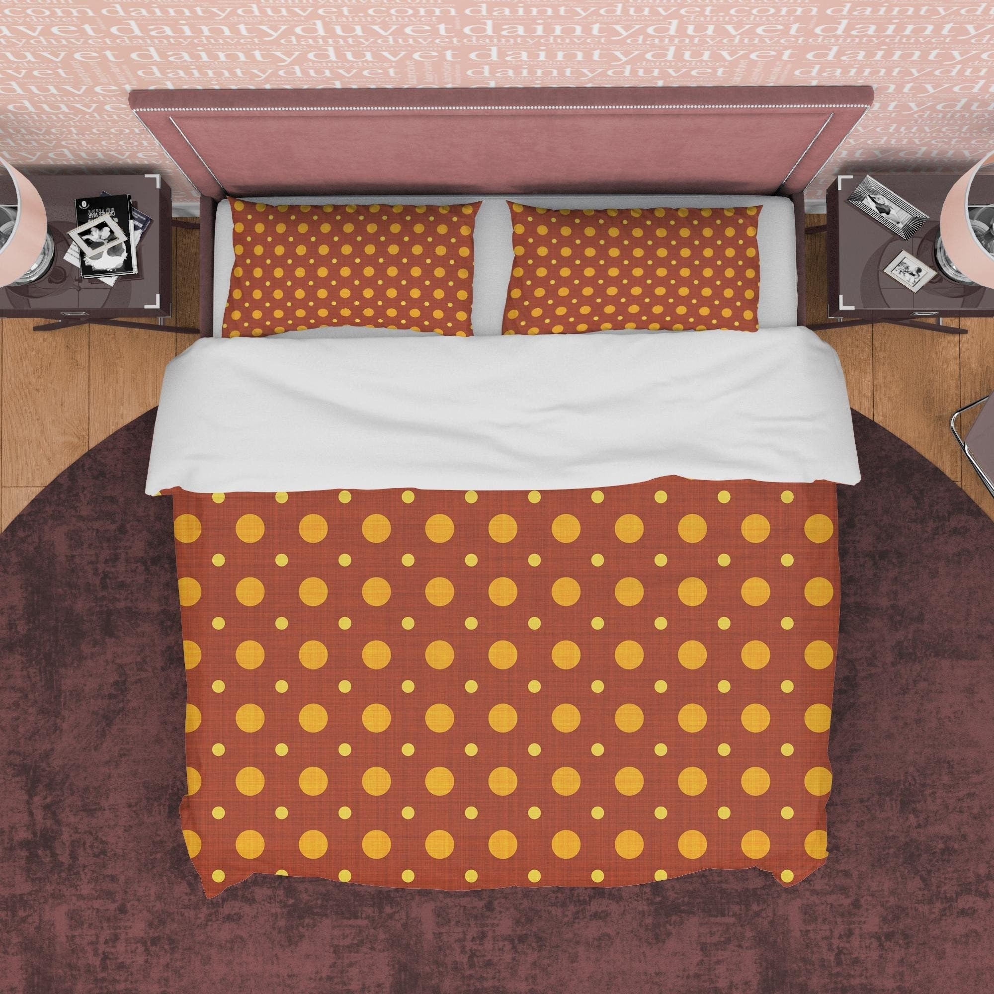 Rustic Brown Polka Dot Duvet Cover Geometric Bedding, Autumn Color Quilt Cover, Mid Century Modern Bedroom Set, Unique Choco Bedspread