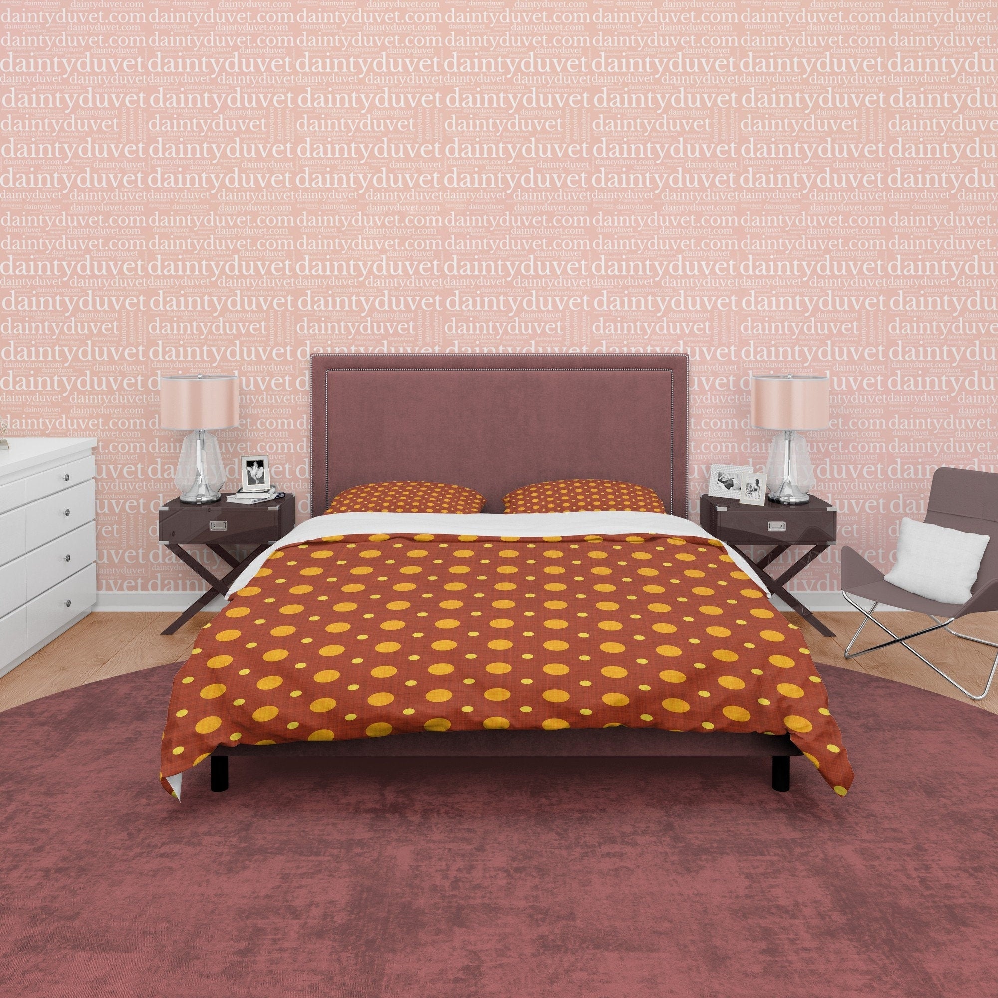 Rustic Brown Polka Dot Duvet Cover Geometric Bedding, Autumn Color Quilt Cover, Mid Century Modern Bedroom Set, Unique Choco Bedspread
