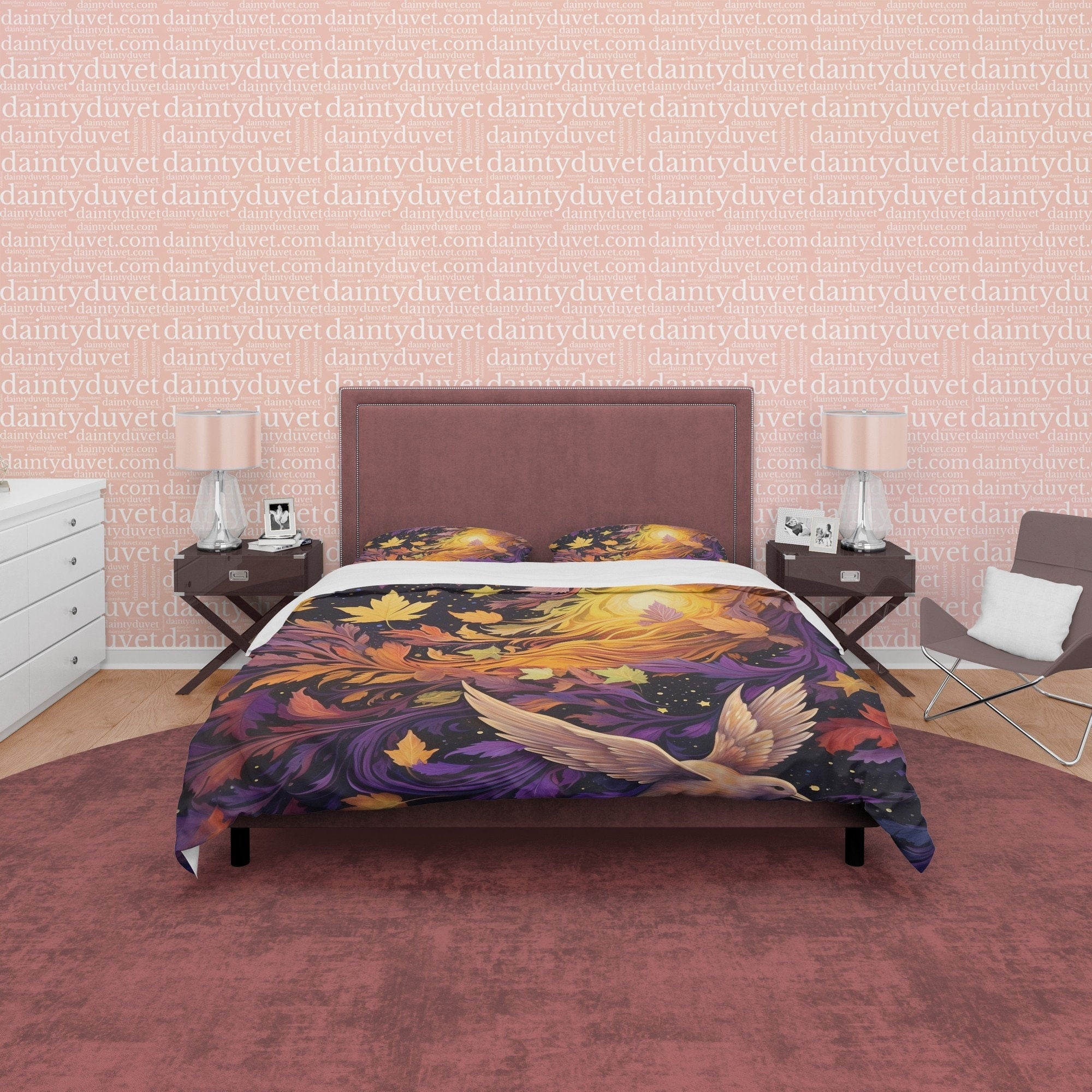 Rustic Duvet Cover Purple with Flying Bird, Autumn Bedding Set, Warm Autumn Colors Printed Quilt Cover, Foliage Bedspread