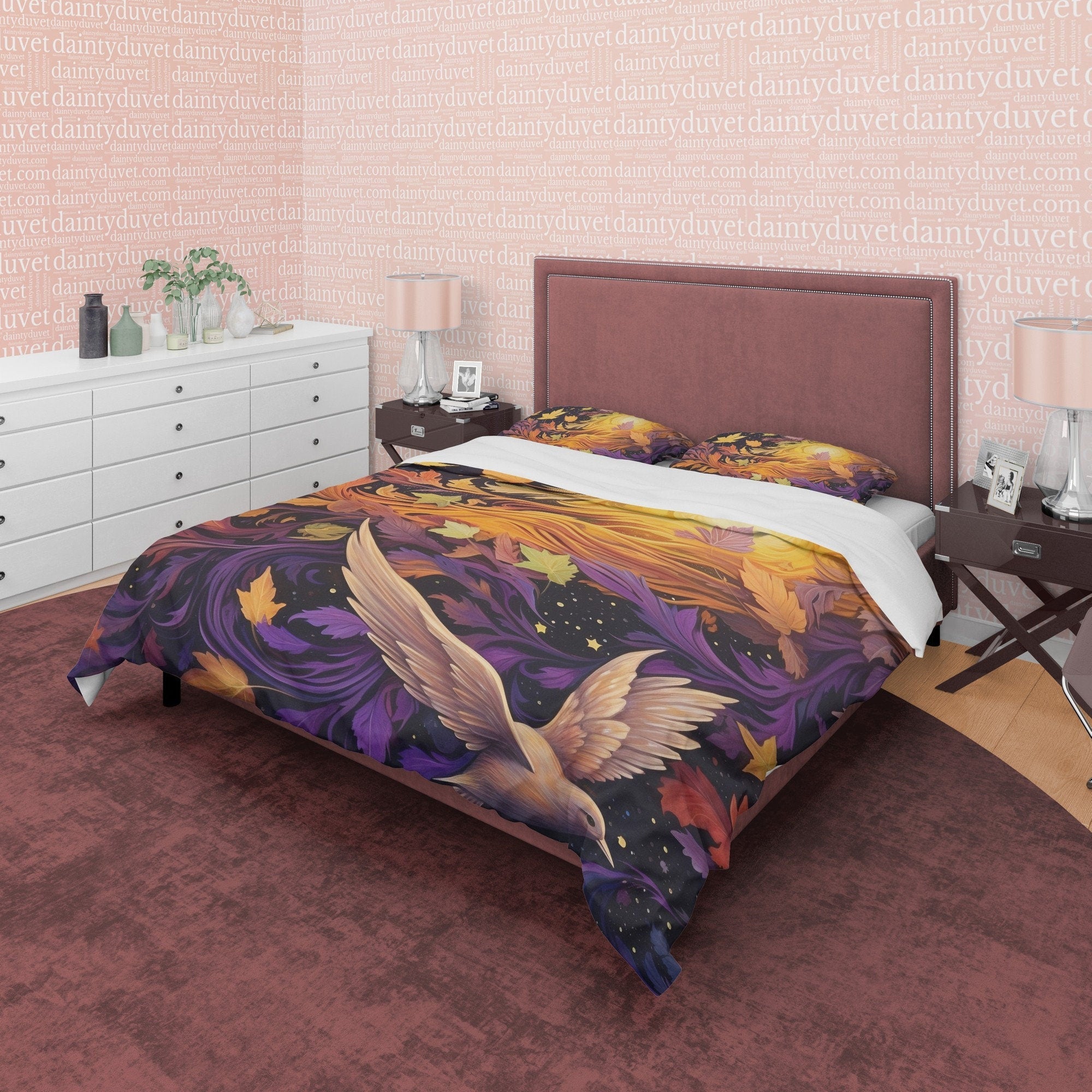 Rustic Duvet Cover Purple with Flying Bird, Autumn Bedding Set, Warm Autumn Colors Printed Quilt Cover, Foliage Bedspread