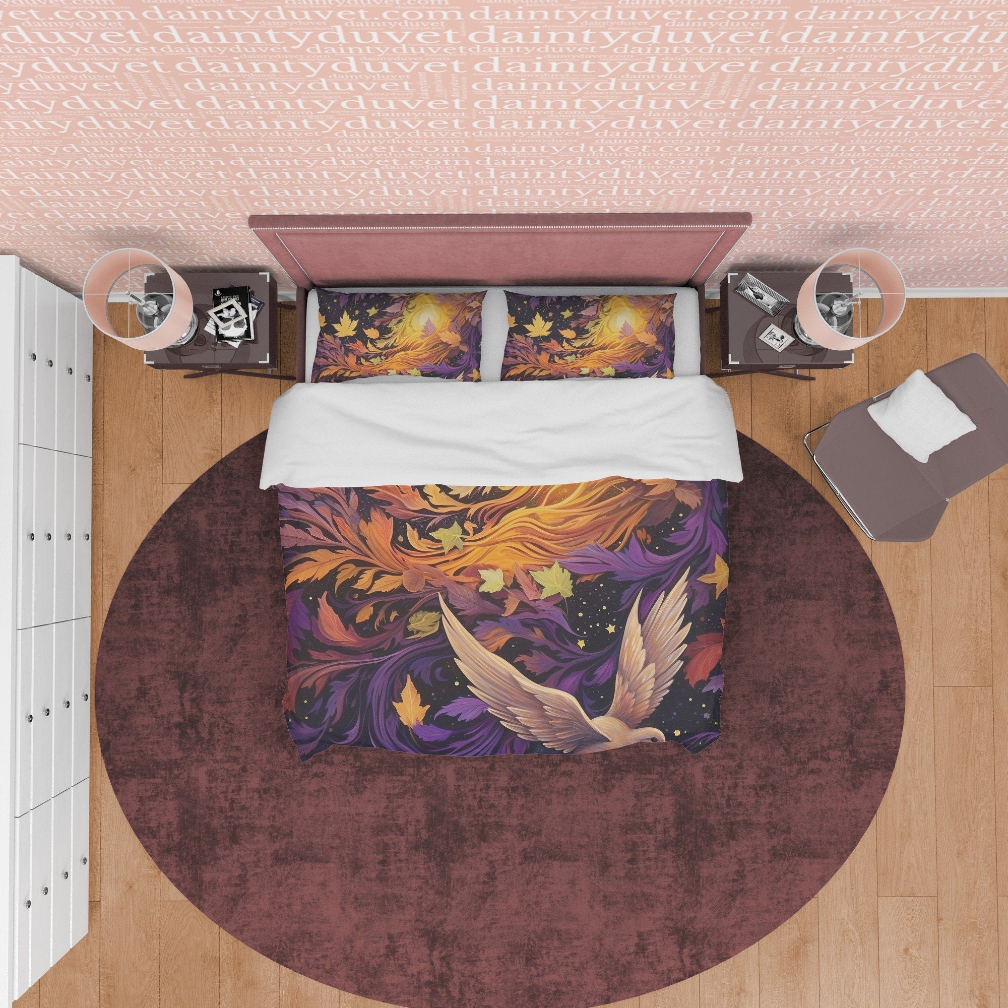 Rustic Duvet Cover Purple with Flying Bird, Autumn Bedding Set, Warm Autumn Colors Printed Quilt Cover, Foliage Bedspread