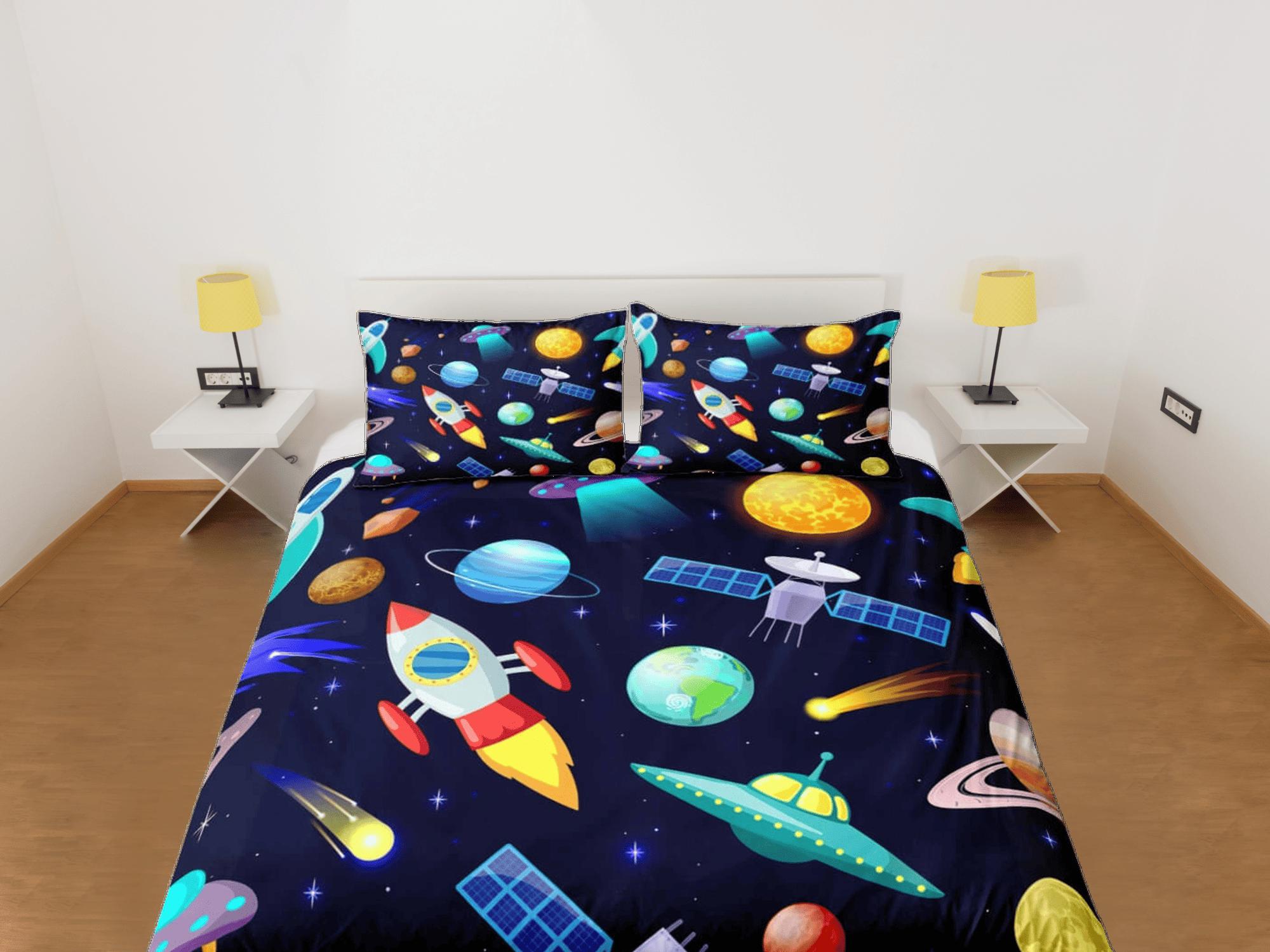 daintyduvet Satellite and spaceship duvet cover set for kids, galaxy bedding set full, king, queen, astronomy dorm bedding, toddler bedding aesthetic