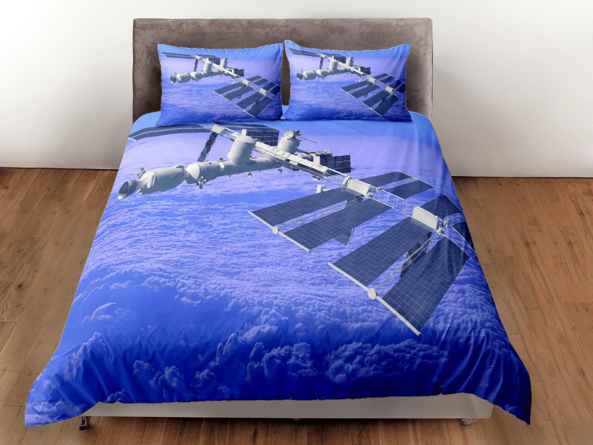 daintyduvet Satellite orbiting in the outer space bedding set full, galaxy duvet cover king, queen, dorm bedding, toddler bedding aesthetic duvet