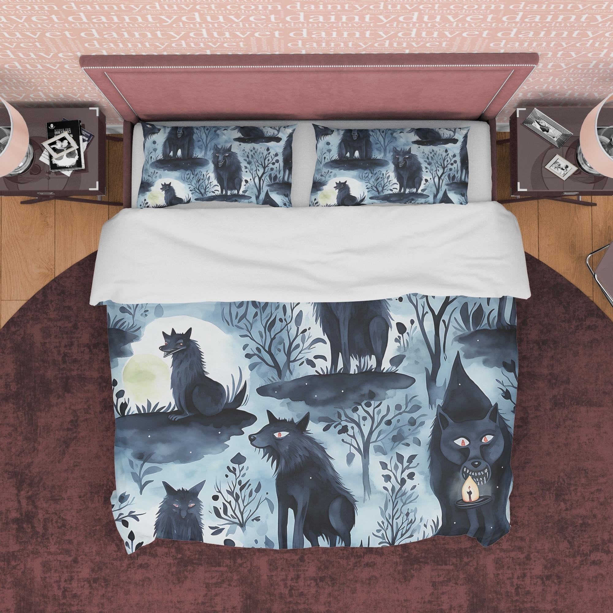 Scary Full Moon Quilt Cover Vampire Wolf Duvet Cover Set, Spooky Night Aesthetic Zipper Bedding, Halloween Room Decor, Unique Gray Bed Cover