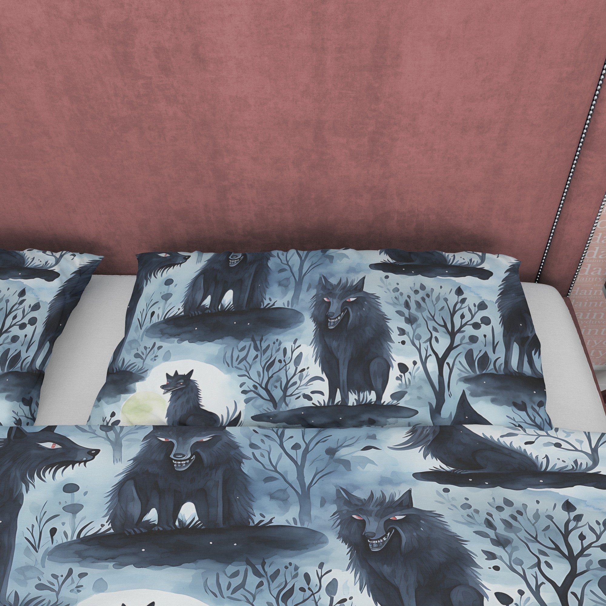 Scary Full Moon Quilt Cover Vampire Wolf Duvet Cover Set, Spooky Night Aesthetic Zipper Bedding, Halloween Room Decor, Unique Gray Bed Cover