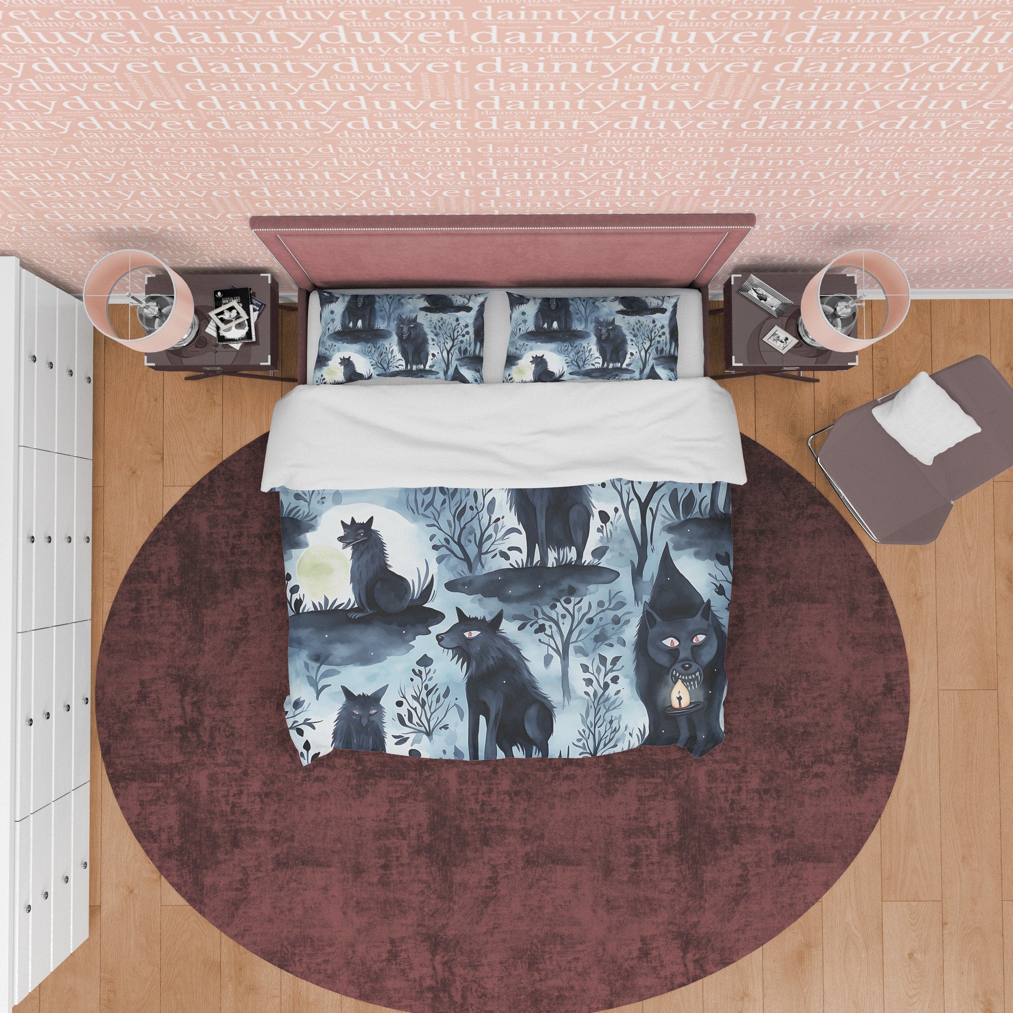 Scary Full Moon Quilt Cover Vampire Wolf Duvet Cover Set, Spooky Night Aesthetic Zipper Bedding, Halloween Room Decor, Unique Gray Bed Cover