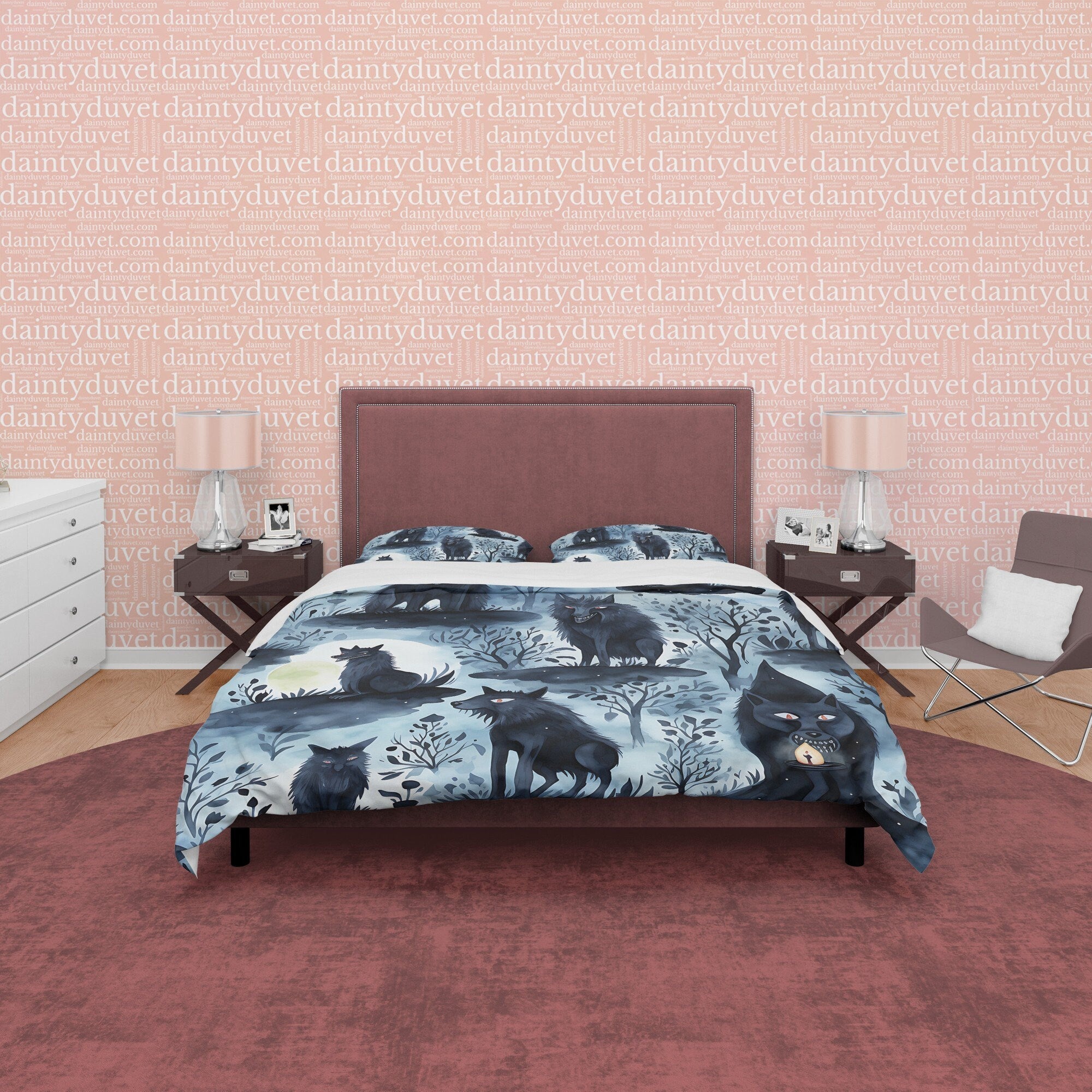 Scary Full Moon Quilt Cover Vampire Wolf Duvet Cover Set, Spooky Night Aesthetic Zipper Bedding, Halloween Room Decor, Unique Gray Bed Cover