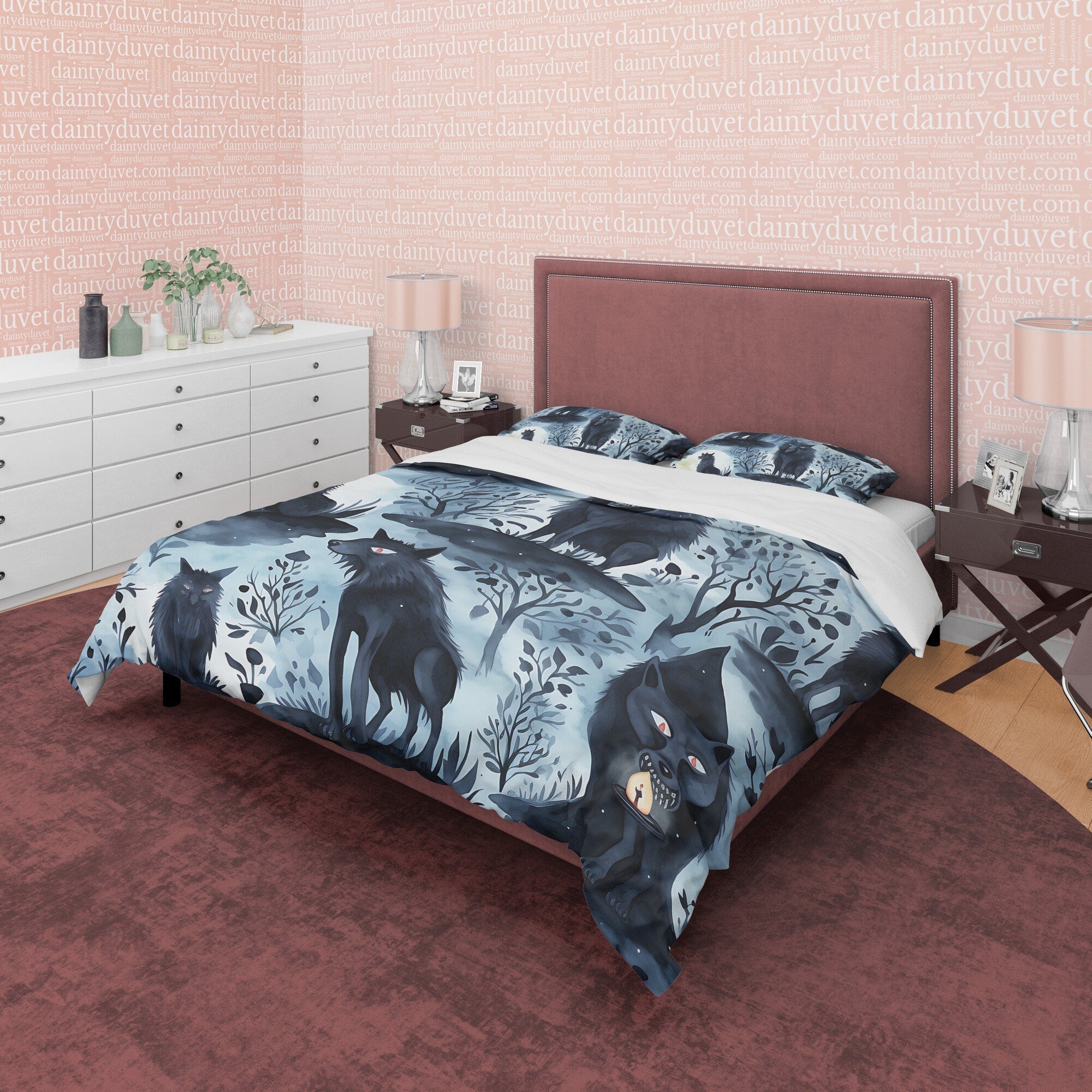 Scary Full Moon Quilt Cover Vampire Wolf Duvet Cover Set, Spooky Night Aesthetic Zipper Bedding, Halloween Room Decor, Unique Gray Bed Cover