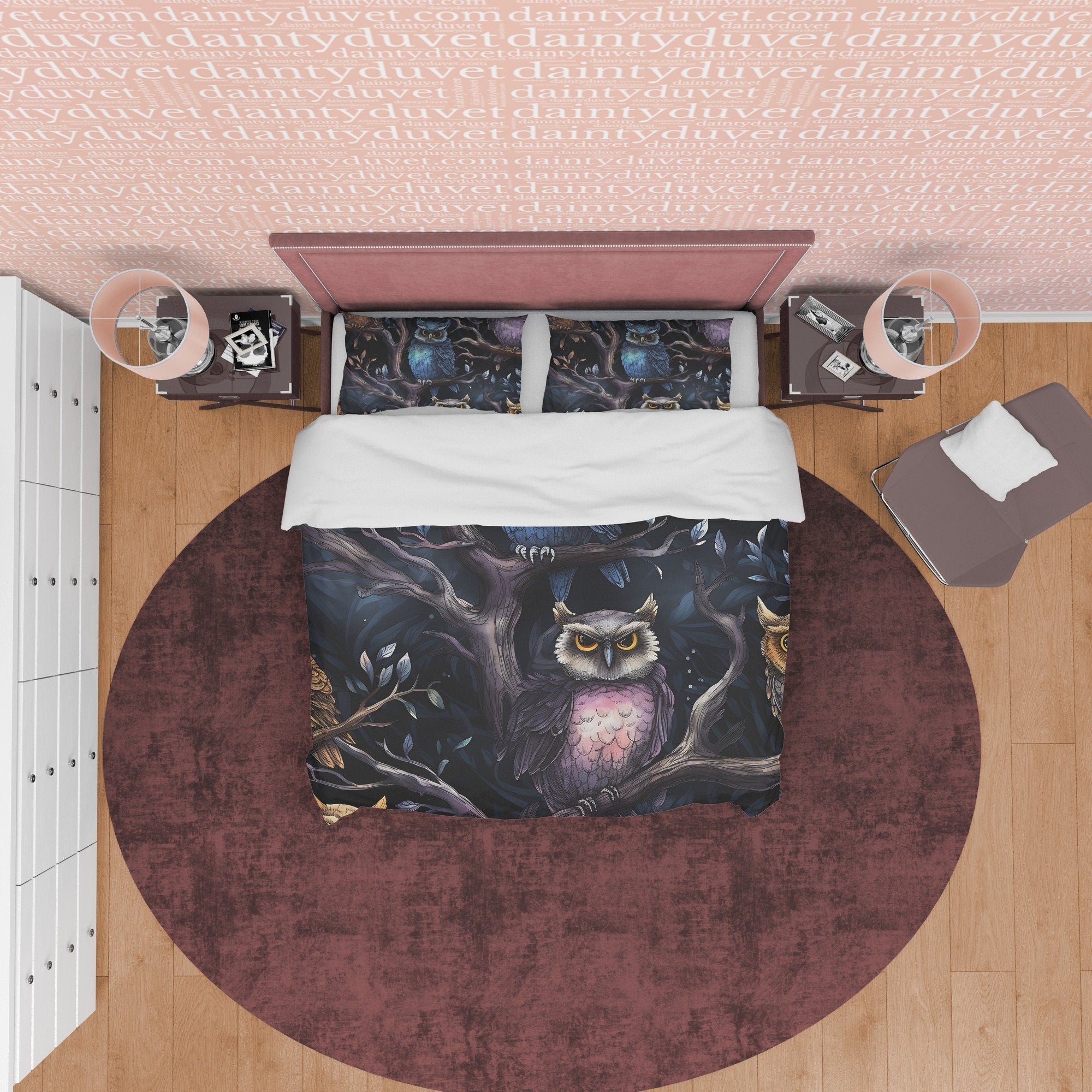 Scary Owl Dark Duvet Cover Set, Spooky Midnight Themed Quilt Cover Aesthetic Zipper Bedding, Halloween Room Decor, Haunted Forest Bedding