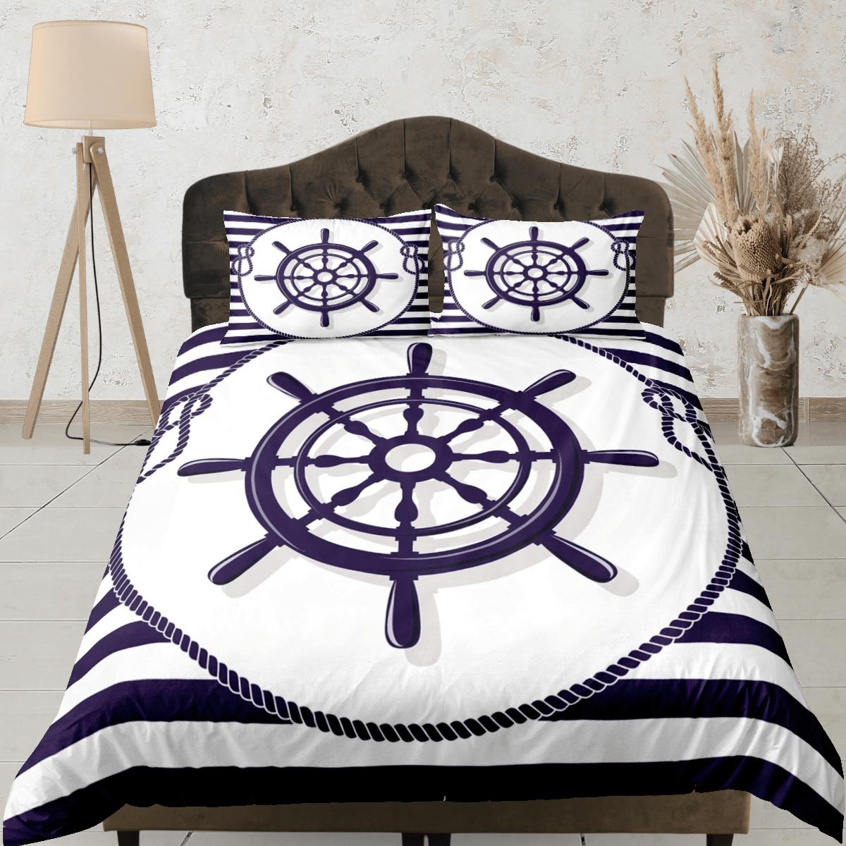 daintyduvet Sea wheel helm nautical duvet cover coastal grandma bedding set full queen king, aesthetic beach room decor, captain gift seaman helmsman
