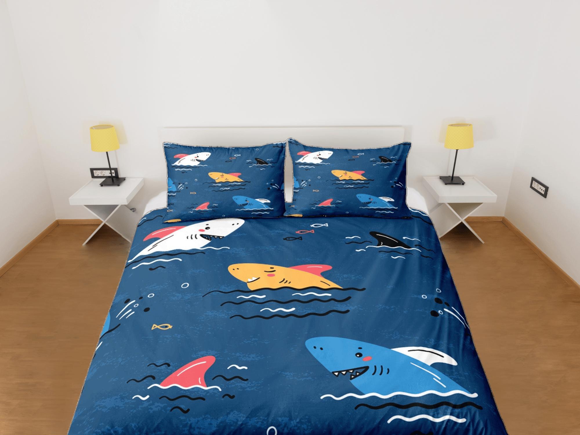 daintyduvet Sharks Blue Duvet Cover Set Colorful Bedspread, Kids Full Bedding Set with Pillowcase, Comforter Cover Twin