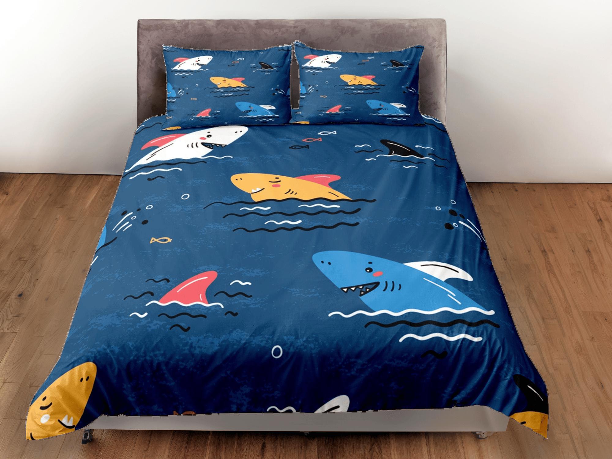 daintyduvet Sharks Blue Duvet Cover Set Colorful Bedspread, Kids Full Bedding Set with Pillowcase, Comforter Cover Twin