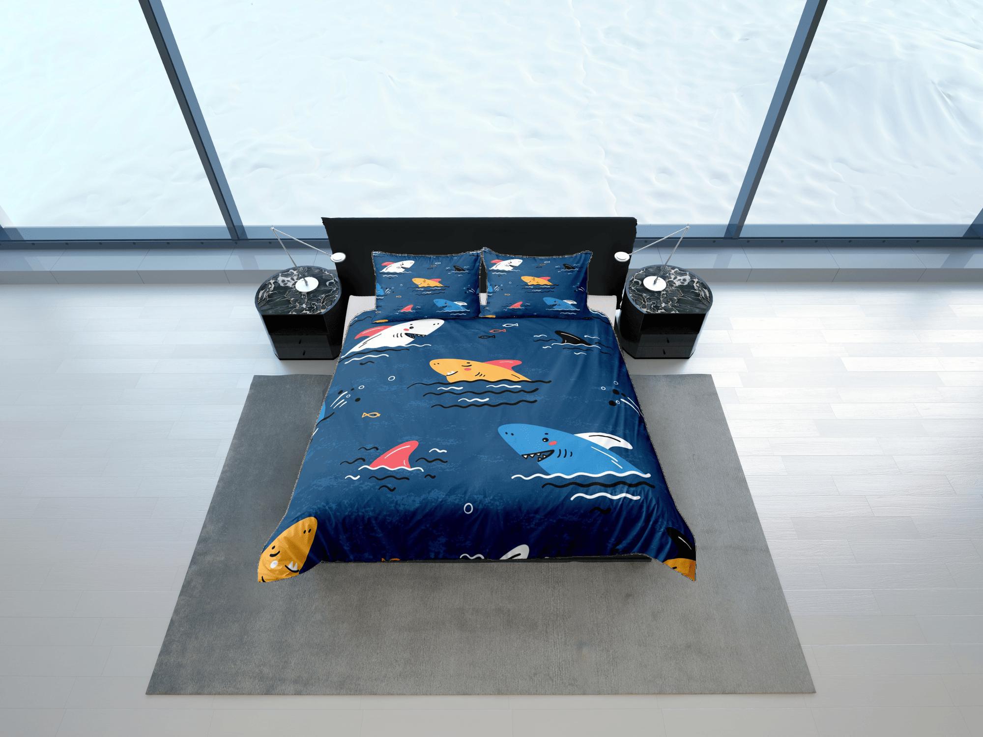 daintyduvet Sharks Blue Duvet Cover Set Colorful Bedspread, Kids Full Bedding Set with Pillowcase, Comforter Cover Twin