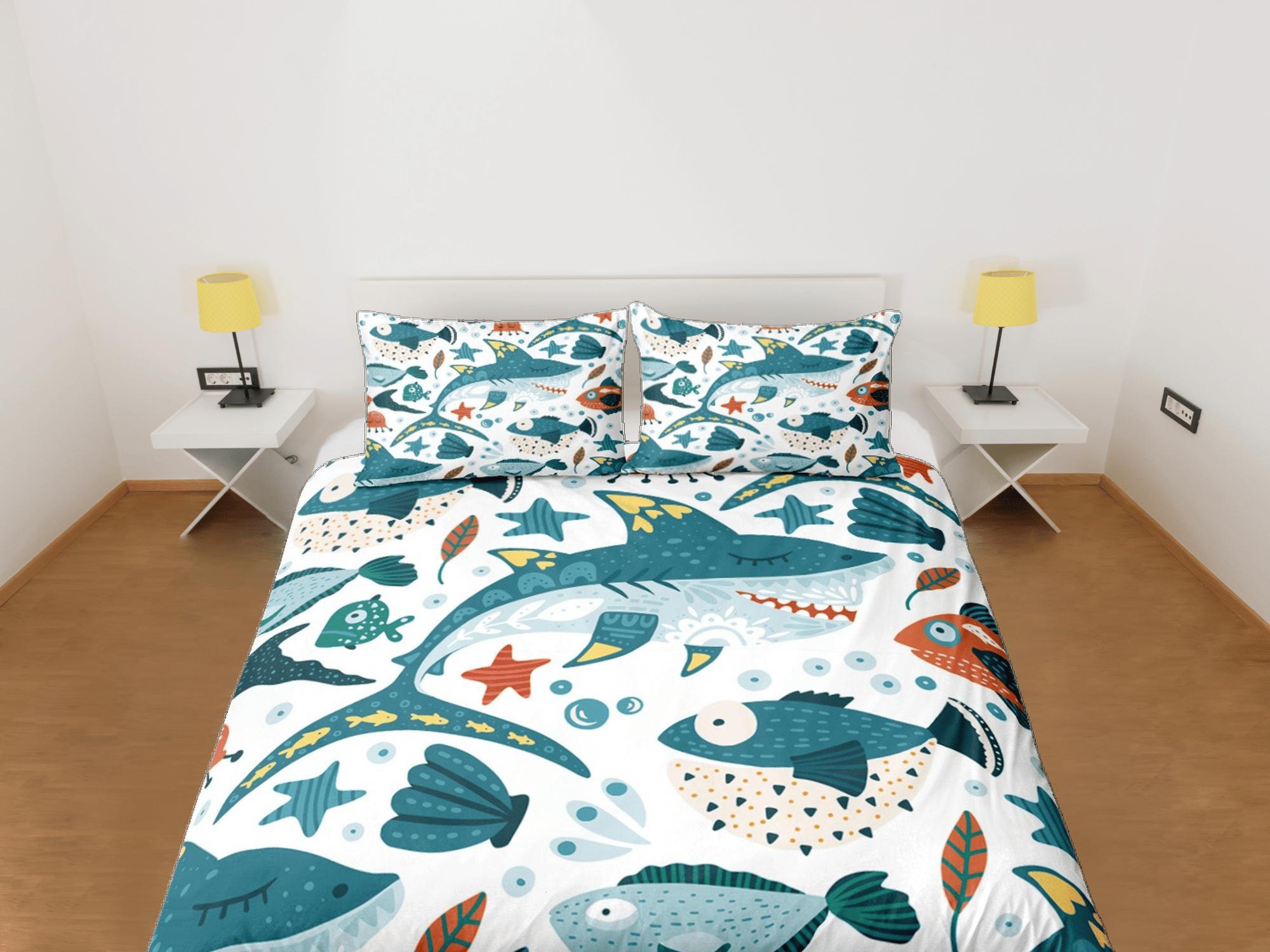 daintyduvet Sharks & Fishes Cute Duvet Cover Set Colorful Bedspread, Kids Full Bedding Set with Pillowcase, Comforter Cover Twin