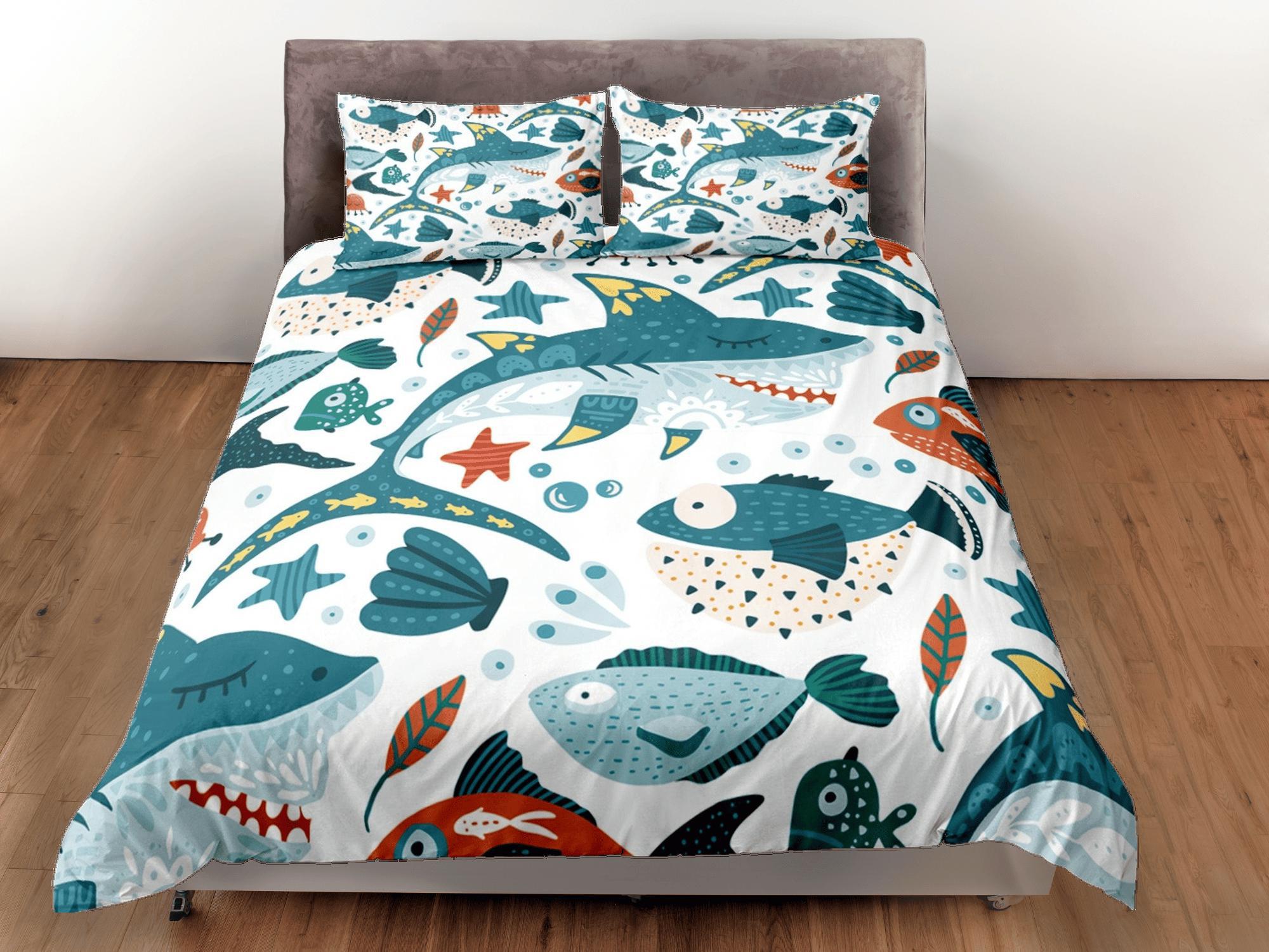 daintyduvet Sharks & Fishes Cute Duvet Cover Set Colorful Bedspread, Kids Full Bedding Set with Pillowcase, Comforter Cover Twin