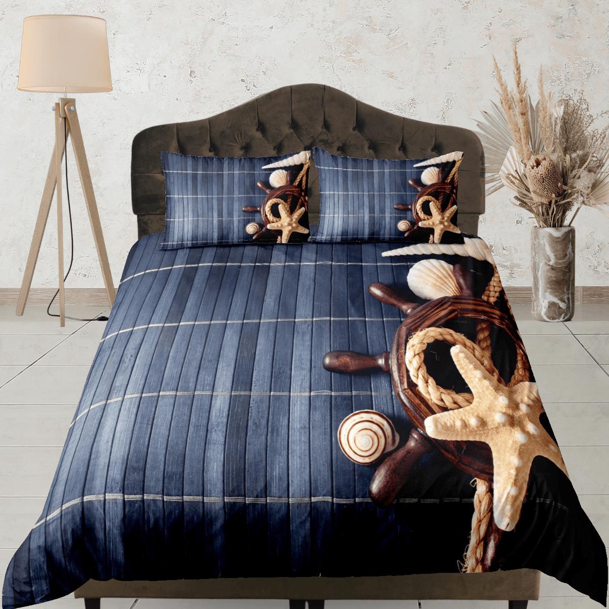 daintyduvet Ship wheel helm starfish wood coastal grandma duvet cover nautical bedding set full queen king, aesthetic beach ocean lover gift seaman