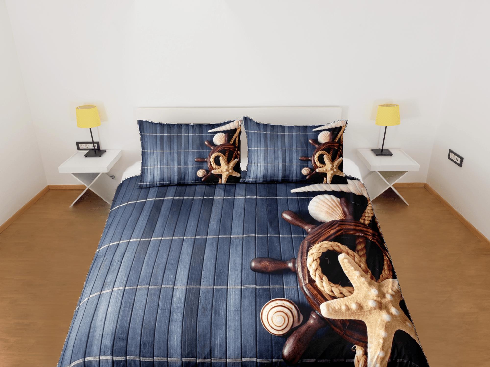 daintyduvet Ship wheel helm starfish wood coastal grandma duvet cover nautical bedding set full queen king, aesthetic beach ocean lover gift seaman