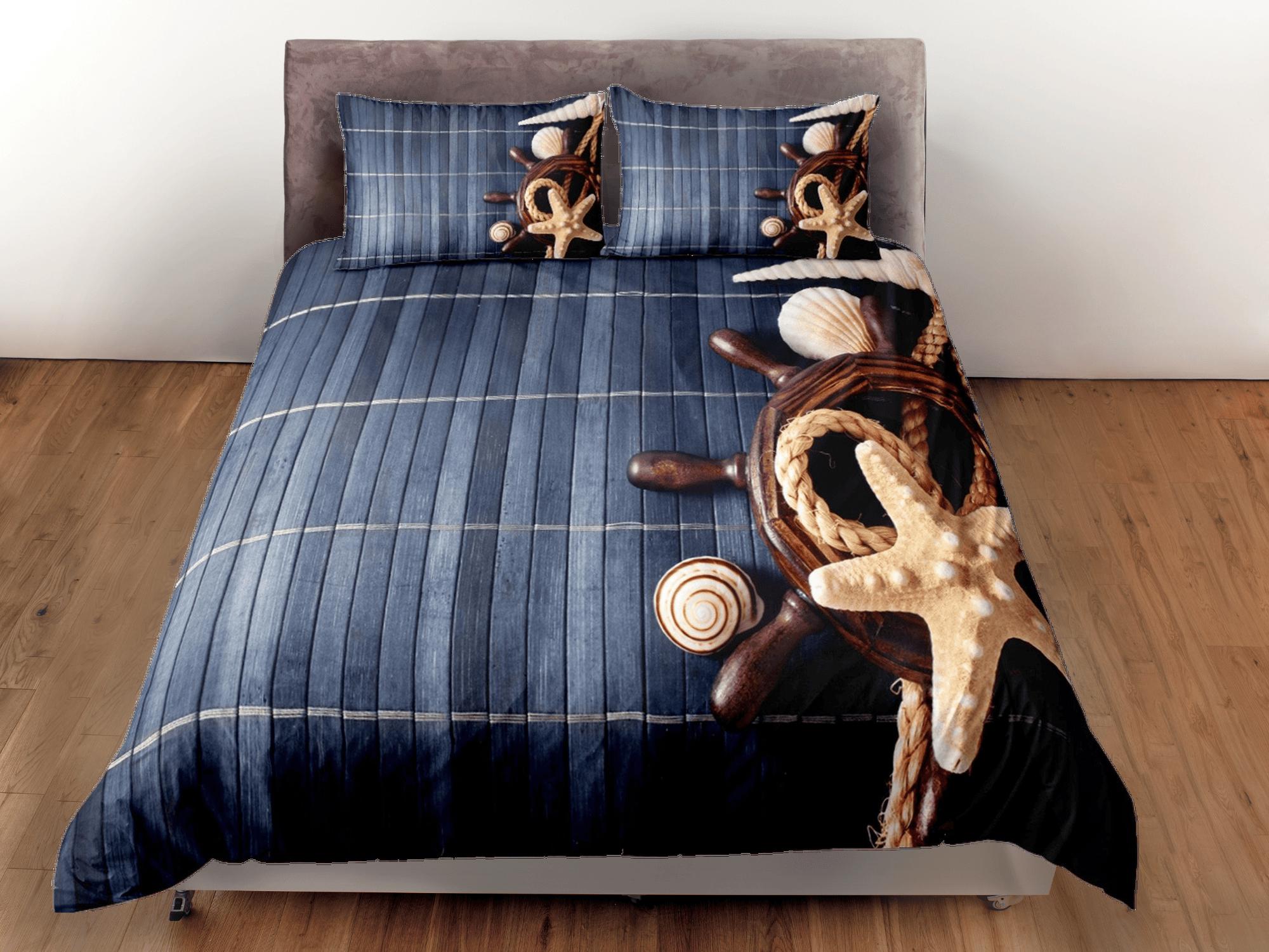 daintyduvet Ship wheel helm starfish wood coastal grandma duvet cover nautical bedding set full queen king, aesthetic beach ocean lover gift seaman